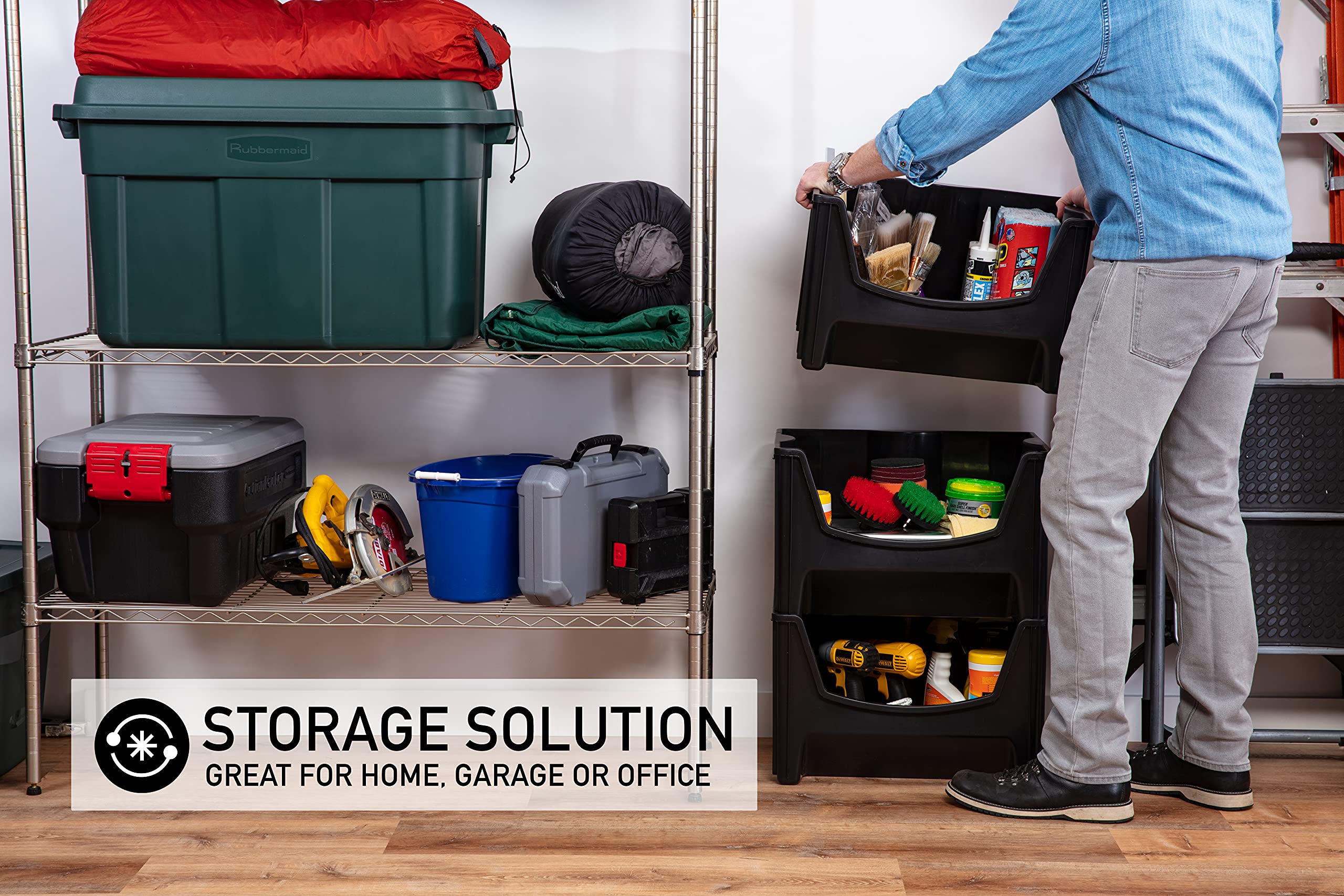 Mighty Tuff Jumbo Stackable Storage Bins, Pack Of 3, Easy-Access Storage, Large Easy-To-Grip Handles, Wide Front Opening, Interl