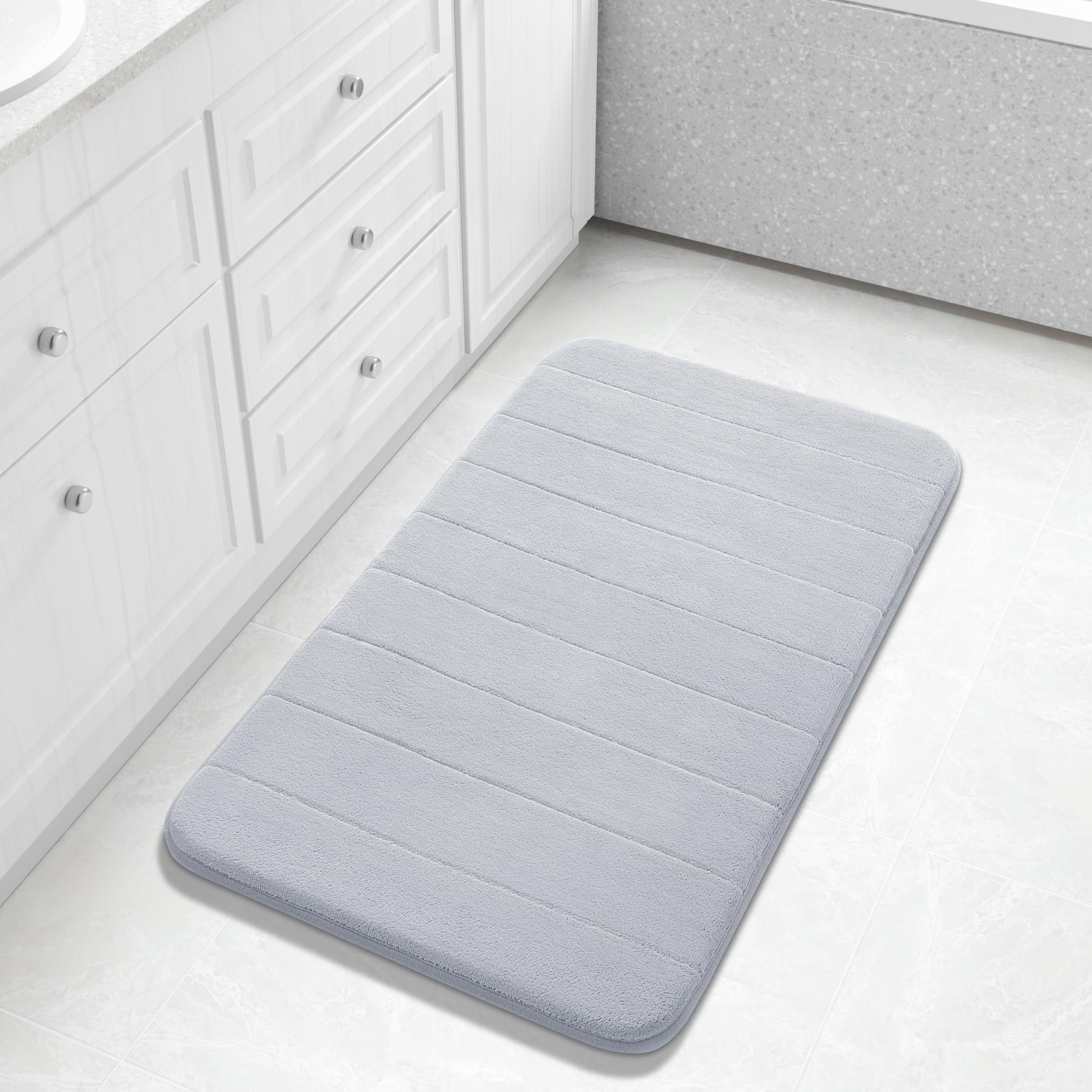 Yimobra Memory Foam Bath Mat Large Size  Soft and Comfortable  Super Water Absorption  Non-Slip  Thick  Machine Wash  Easier to Dry for Bathroom Floor Rug (36.2 x 24 Inch  Silver)