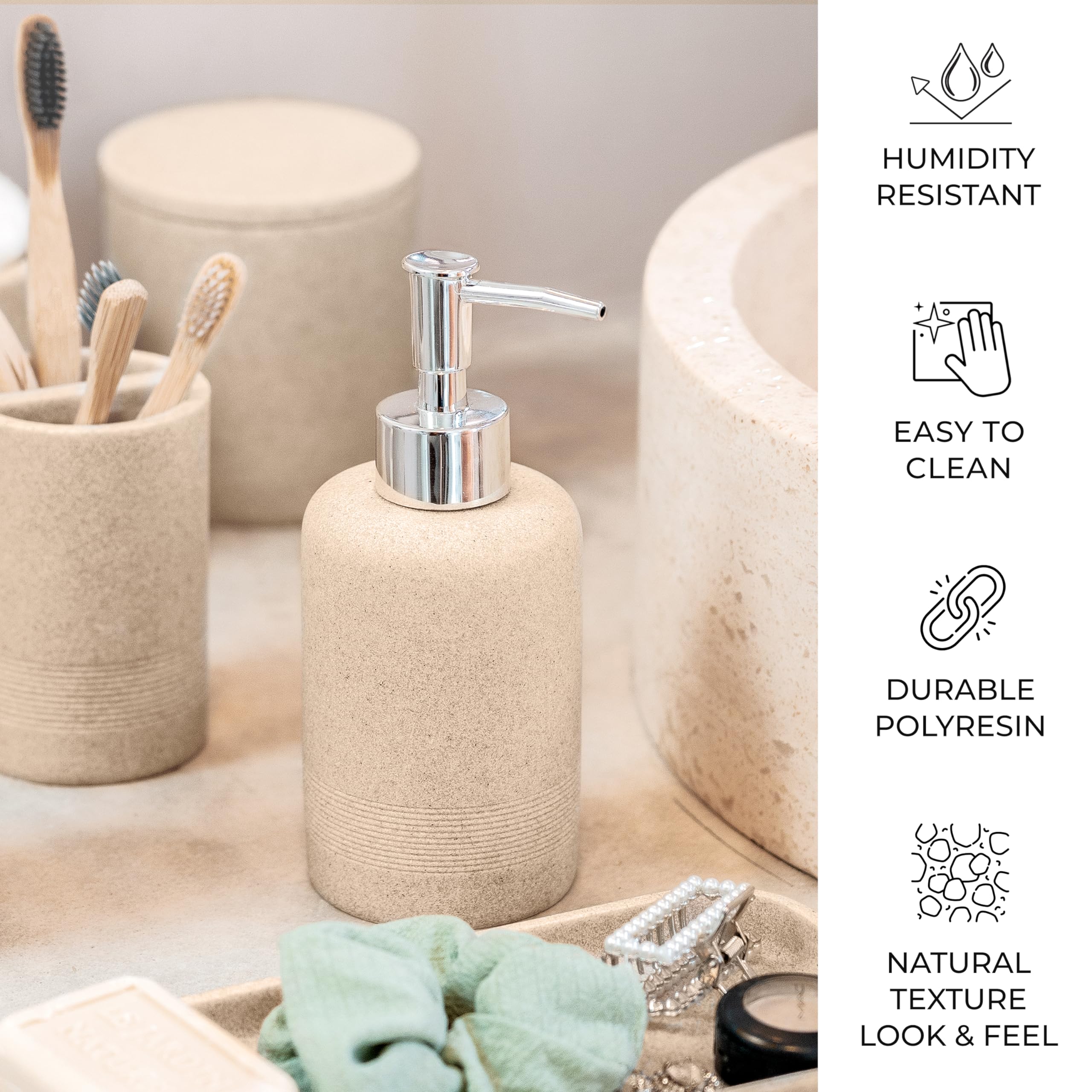 ZCCZ - Beige Bathroom Accessories Set 6 Pcs - Toothbrush Holder  Lotion Soap Dispenser  2 Qtip Holder Dispensers  Vanity Tray  Bathroom Tumbler - Countertop Vanity Organizer - Bathroom Accessory Set