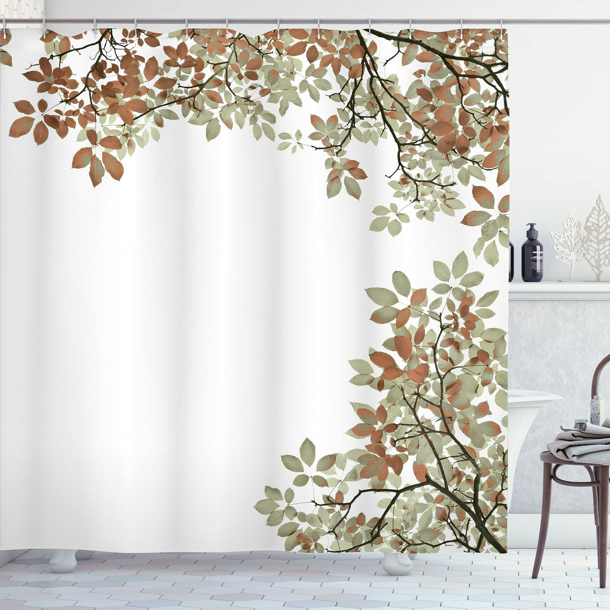 Ambesonne Leaves Shower Curtain, Broad Leaves Close-Up Background Autumnal Foliage Shrubs Illustration Print, Cloth Fabric Bathr