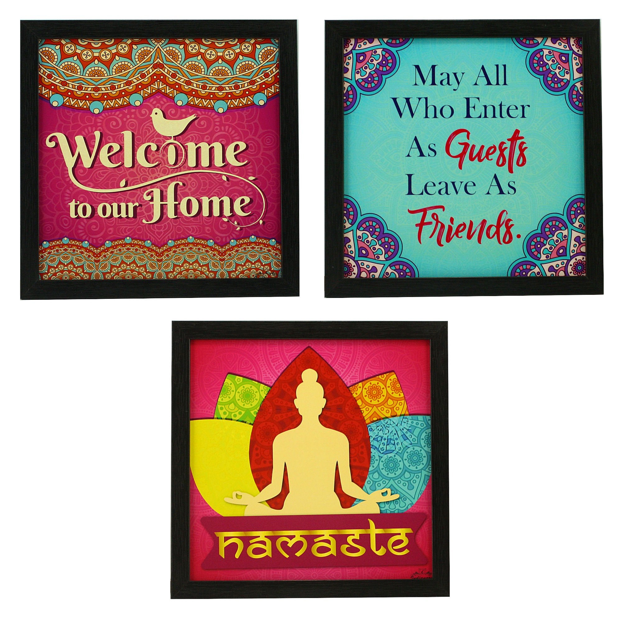 Indianara 3 Piece Set Of Framed Wall Hanging Welcome Home Decor Art (1193) Prints 8.7 Inch X 8.7 Inch Without Glass