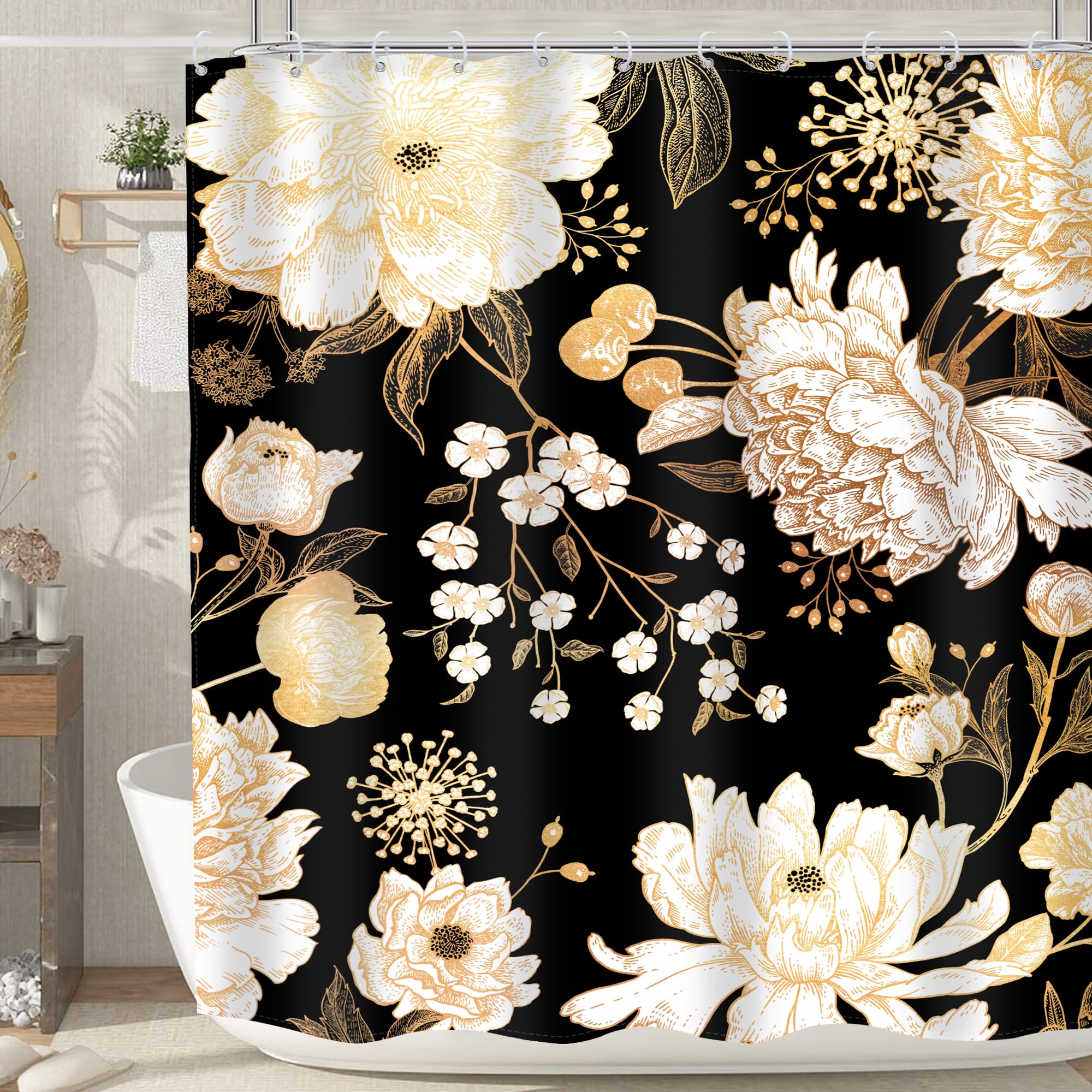 Meshelly Black And Gold Shower Curtain 60Wx72H Boho Floral Shower Curtain Brown Shower Curtain Women Vintage Roses Flower Peony