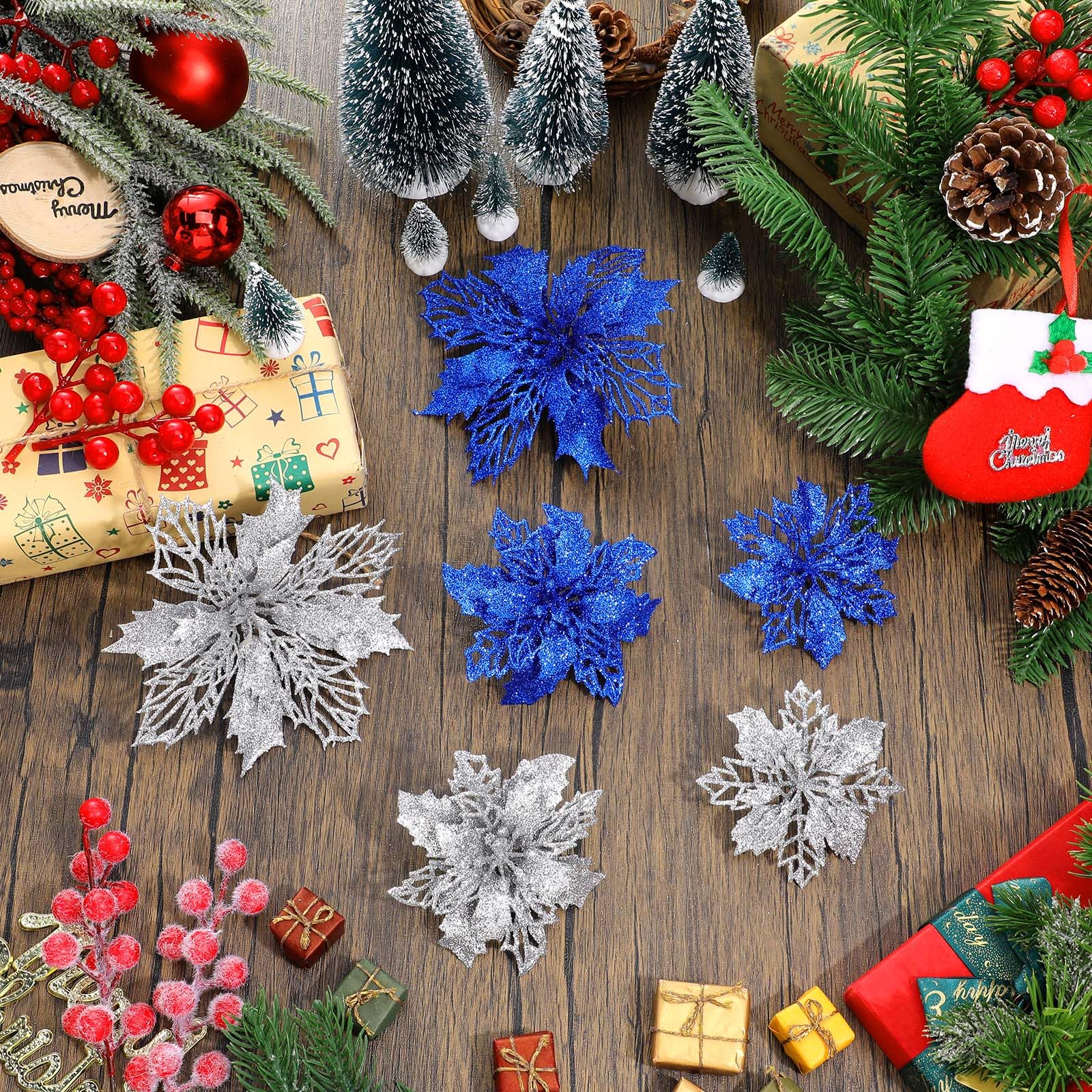Boao 24 Pieces Blue and Silver Christmas Poinsettia Flowers Glitter with Clips Christmas Ornaments Decorations for Tree Artifici