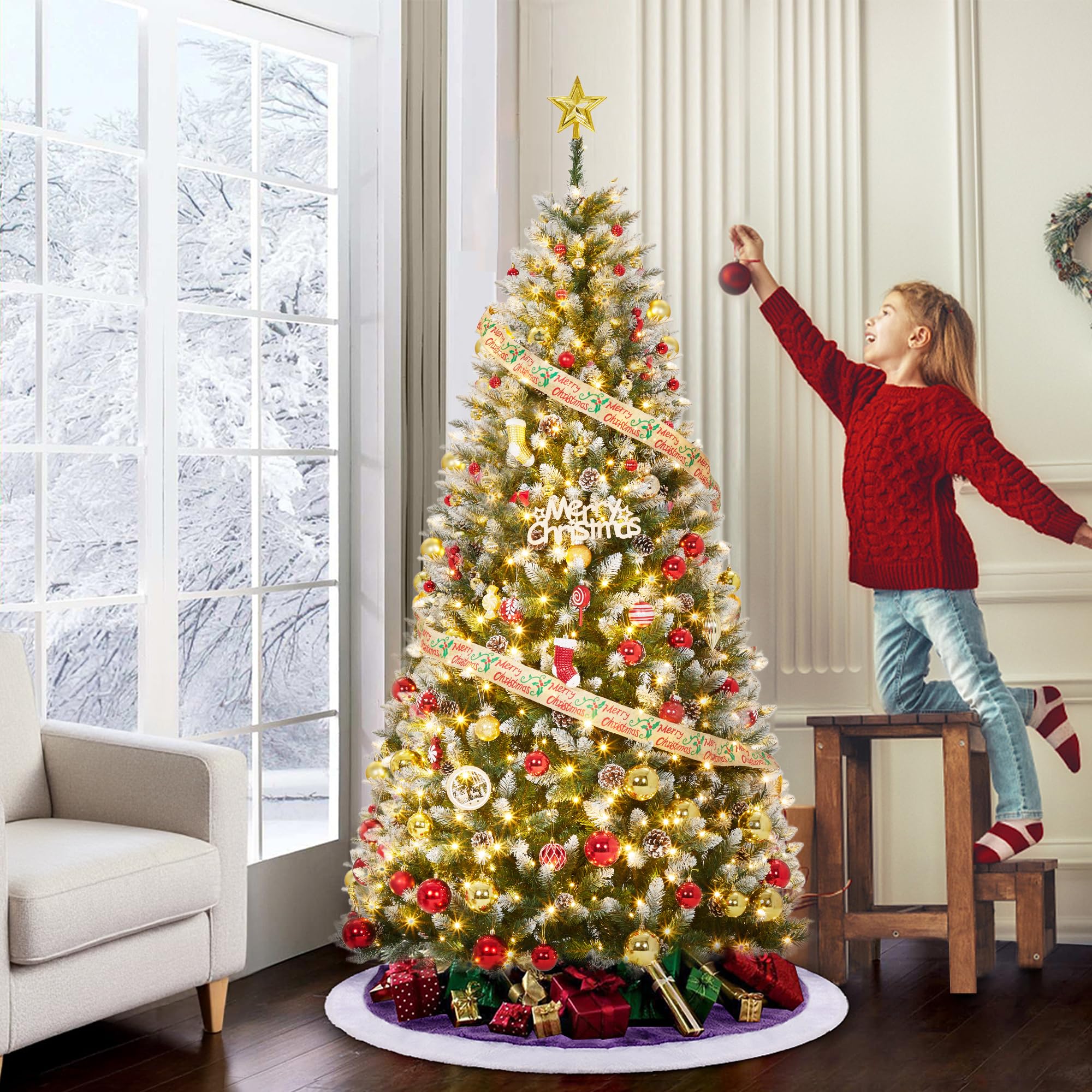 9 ft Christmas Tree, Christmas Decorations with 900 Lights, Pre-lit Artificial Christmas Tree with 1800 Snowy White PVC Branches