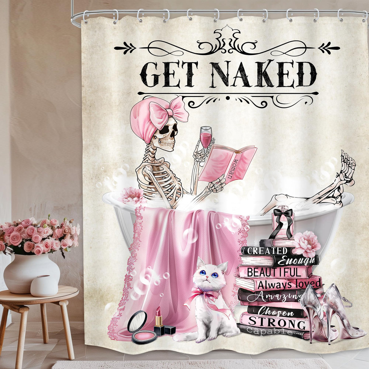 Lghtyro Skull Skeleton Fashion Pink Shower Curtain Bathroom Set 60Wx71H Inches Girly Funny Gothic Halloween Bathing In Bathtub C