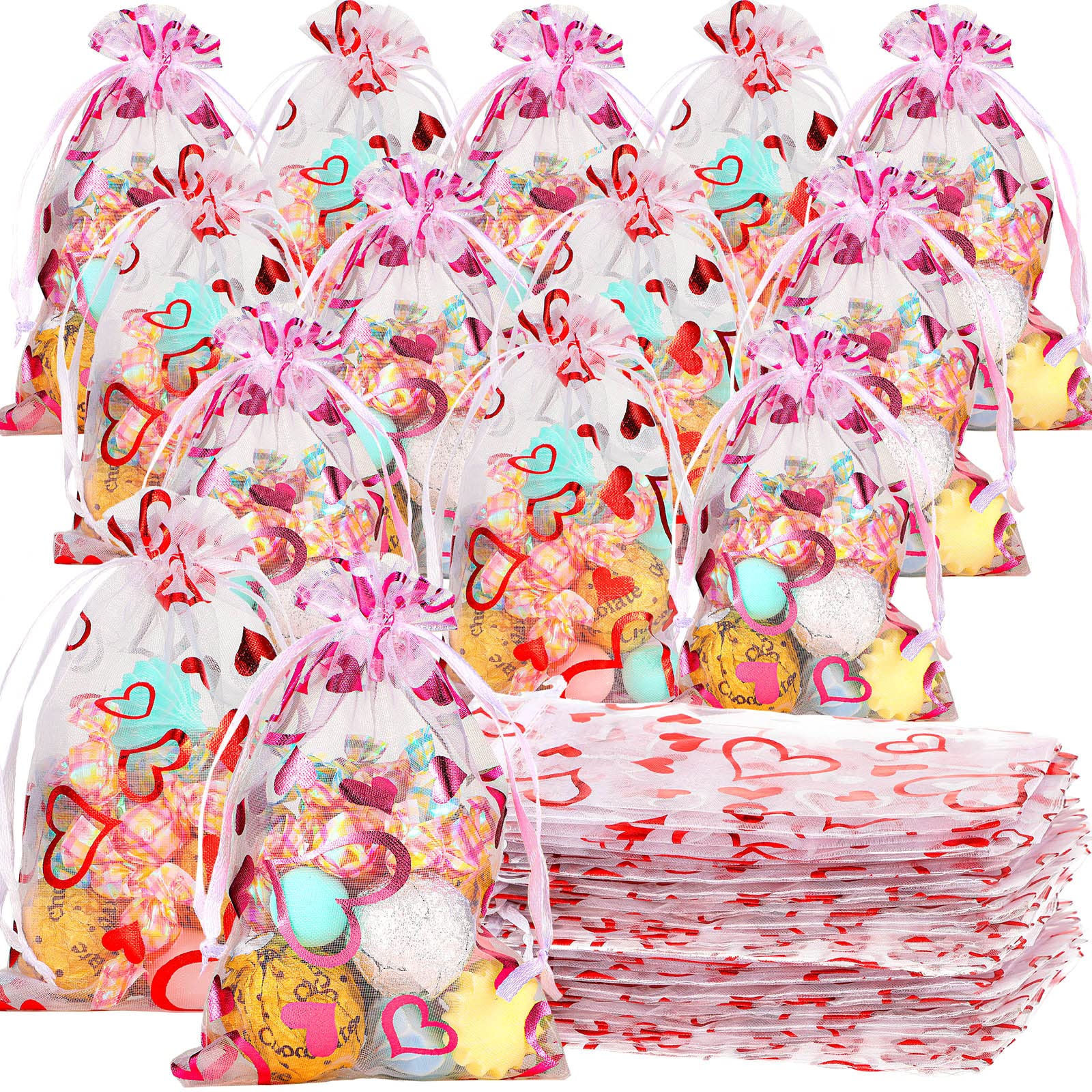 Shappy 100 Pieces Heart Organza Bags With Drawstring Jewelry Pouch Bags Candy Cookies Packaging Bags For Mother'S Day Birthday W