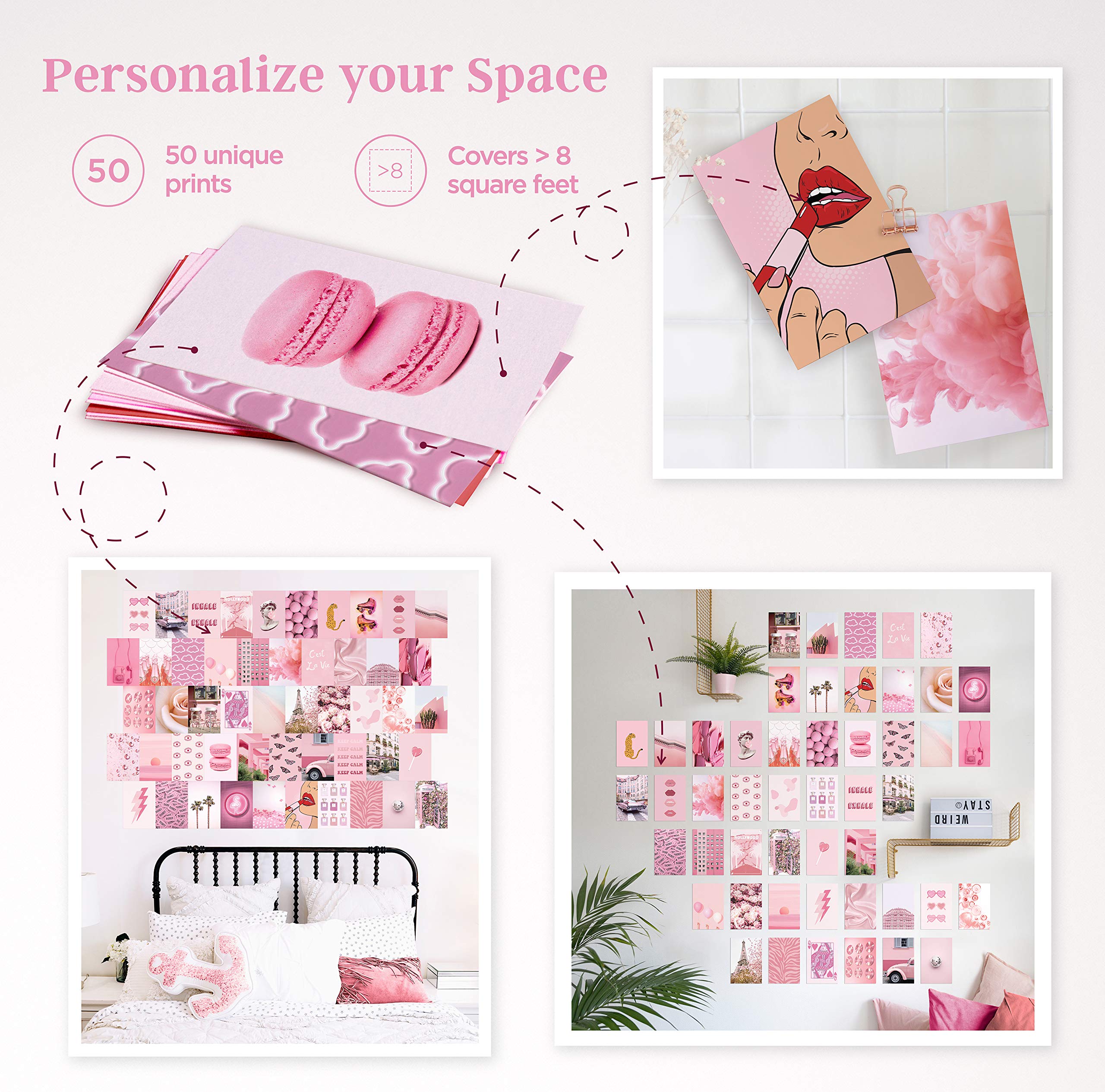 Haus And Hues Pink Aesthetic Wall Collage Kit - Set Of 50 Pink Pictures For Cute Room Decor
