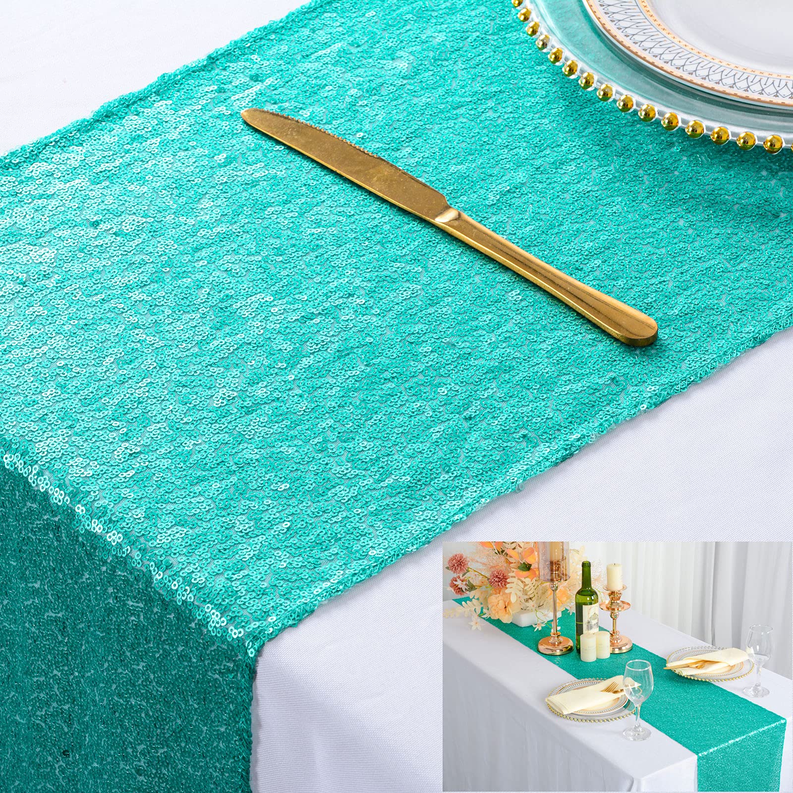 Shinybeauty Sequin Table Runners-Green-5 Packs 12 ' 'X72 ' ' Teal Wedding Table Runner Matte Sequin Fabric Glitter Table Runner