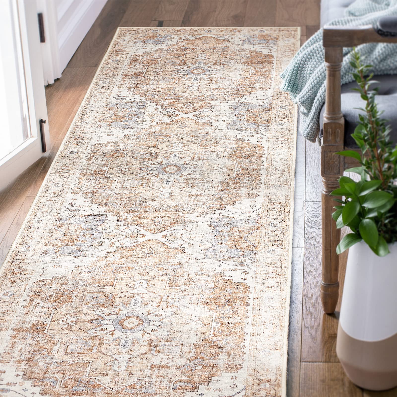jinchan Runner Rug 3x10 Washable Rug Area Rug Vintage Rug Indoor Floor Cover Print Distressed Carpet Brick Red Multi Thin Rug Fo