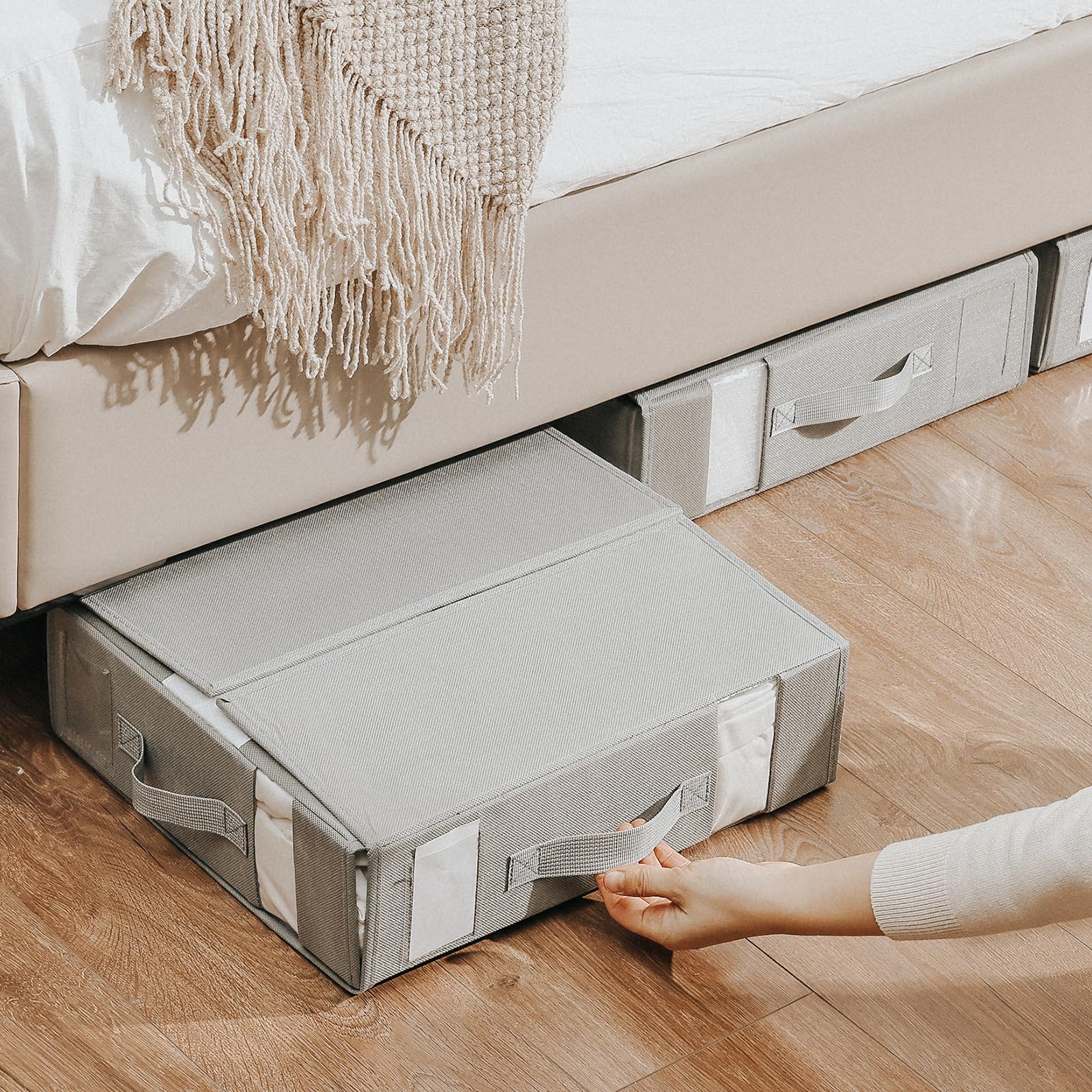 DIMJ Organizer 6 Pack, Foldable Storage Box for Linen Closet, Bed Sheet Organizers and Storage with Window (Grey, Queen & King S