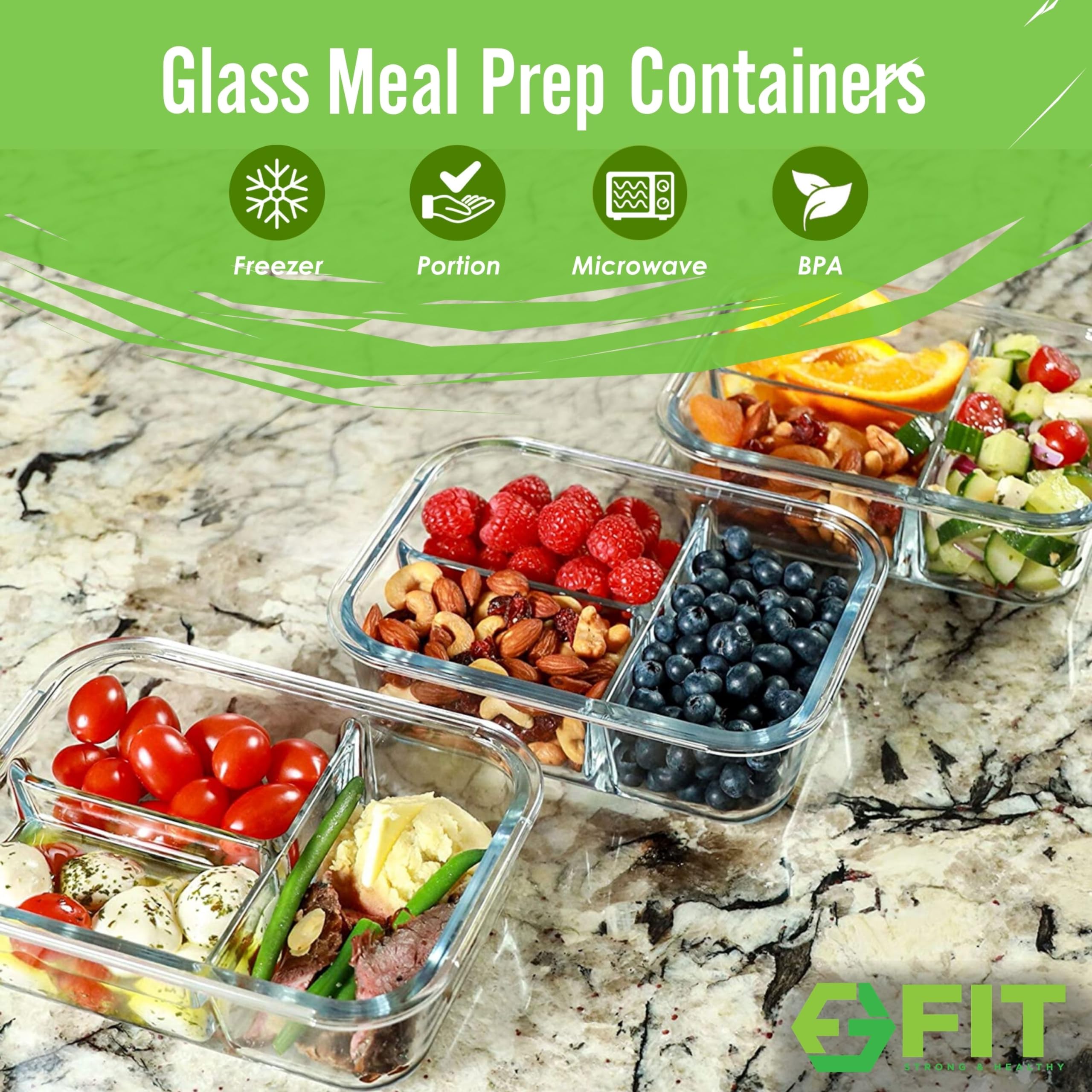 Fit Strong & Healthy Glass Meal Prep Containers 3 Compartments - Portion Control, Snack & Lunch Container, Food Storage, Airtigh