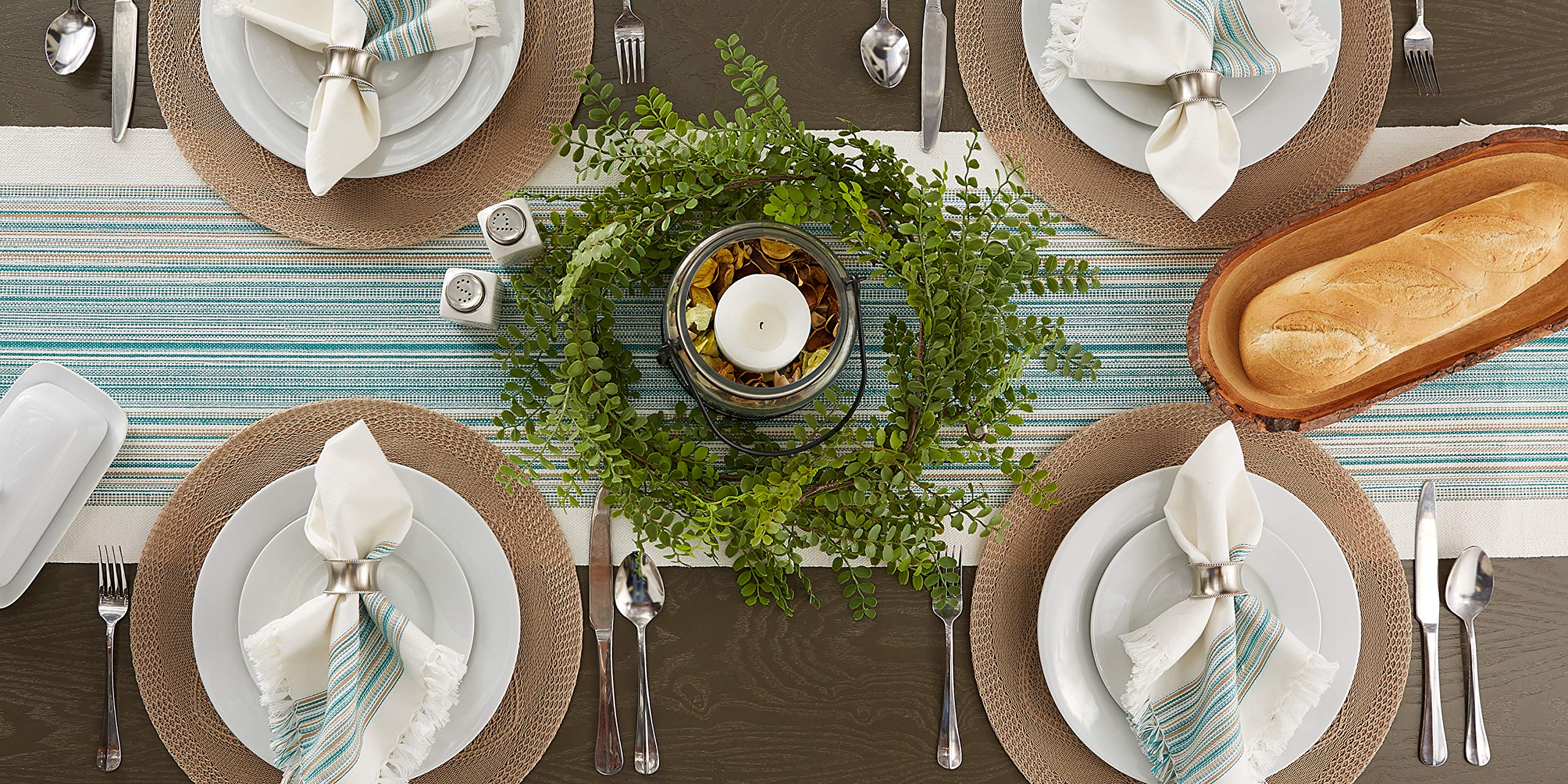 Dii Everyday Collection Fringed Stripe Tabletop, Table Runner, 14X72, Teal