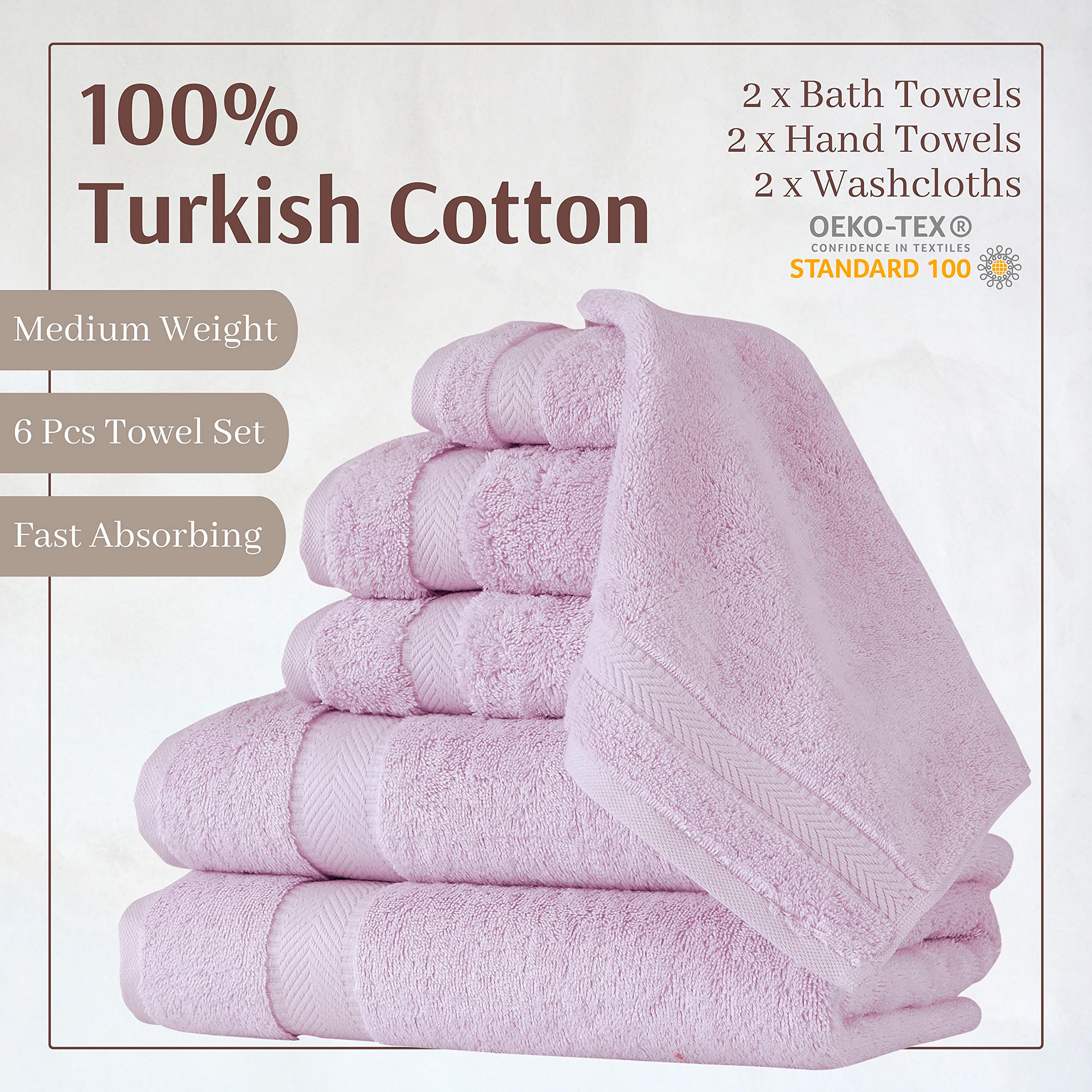 TEXTILOM 100% Turkish Cotton 6 Pcs Bath Towel Set  Luxury Soft & Absorbent Bathroom Towels Set (2 Bath Towels  2 Hand Towels  2 Washcloths)- Lilac