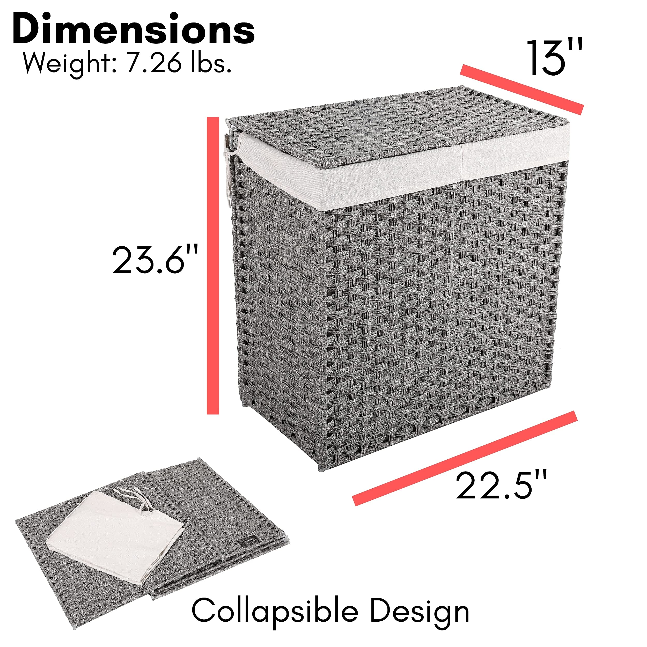 Double Laundry Hamper With Lid | Hand Woven Double Sorter With Liner Bags | Large Collapsible Hampers | Synthetic Pe Rattan Clot