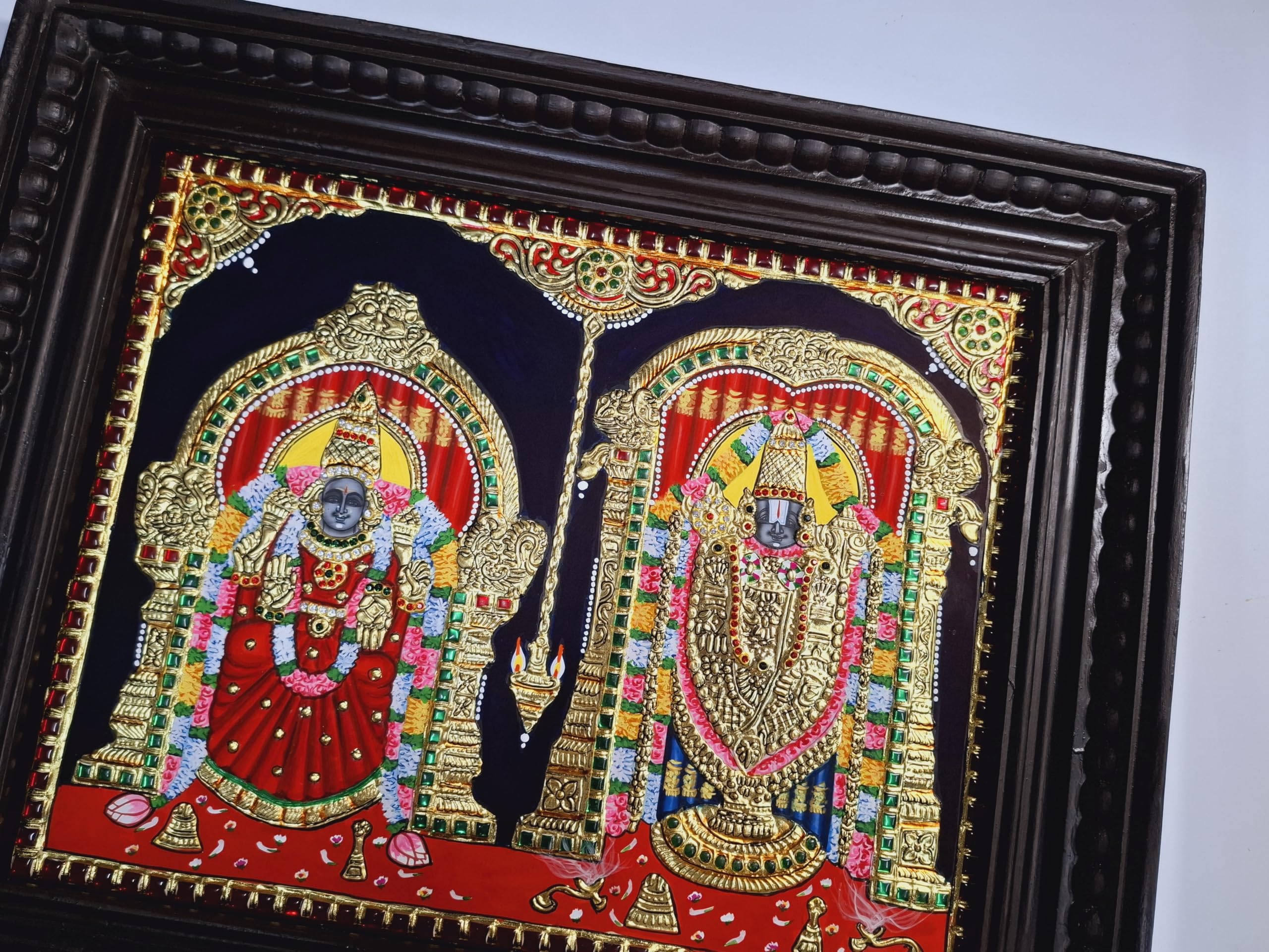 Jline Arts Wood Wall Hanging, Tanjore Painting Balaji Padmavathi, Multi-Color, Hand Painted, 22C Gold Foils Work, Teakwood Frame