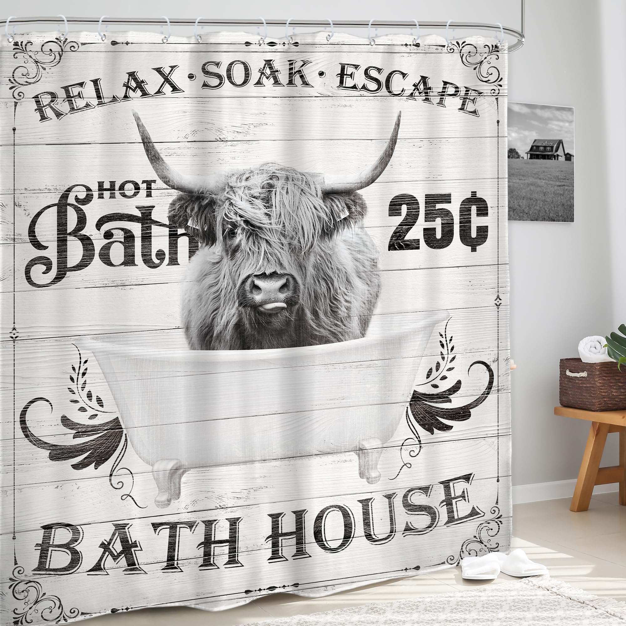 Glawry Funny Highland Cow Shower Curtain 72Wx84L Inches Extra Long Bull Farmhouse Western Cattle In Bathtub Bath Rustic Wildlife