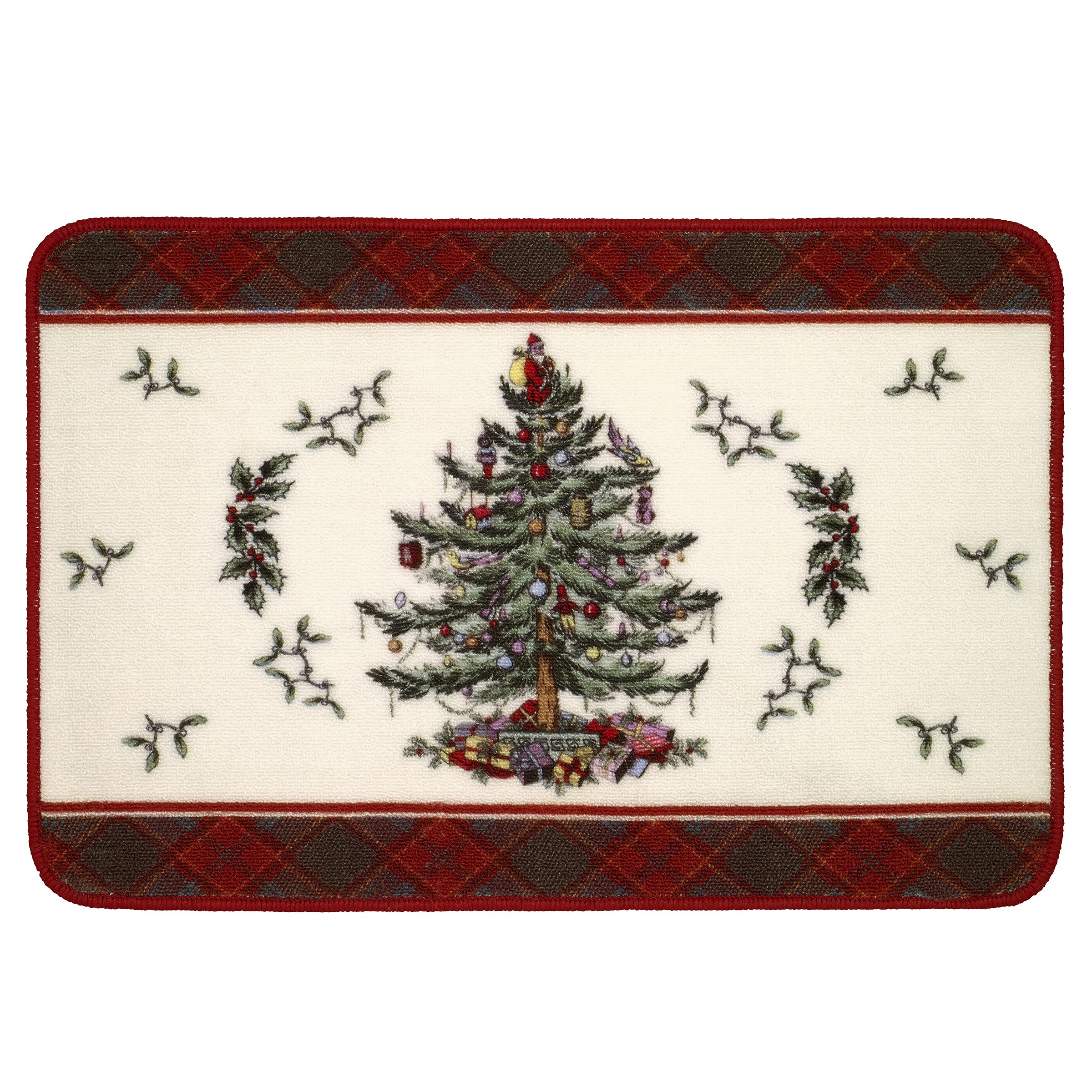 Spode - Bath Mat, Cotton Bath Rug, Holiday Bathroom Decor Christmas Tree Tartan Collection