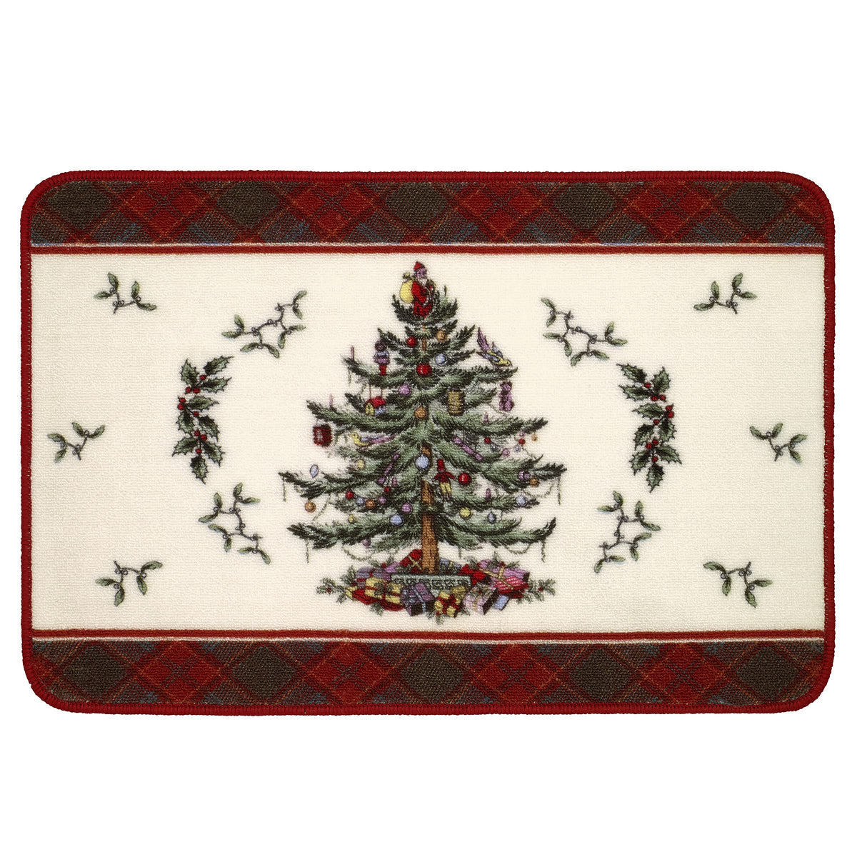 Spode - Bath Mat, Cotton Bath Rug, Holiday Bathroom Decor Christmas Tree Tartan Collection