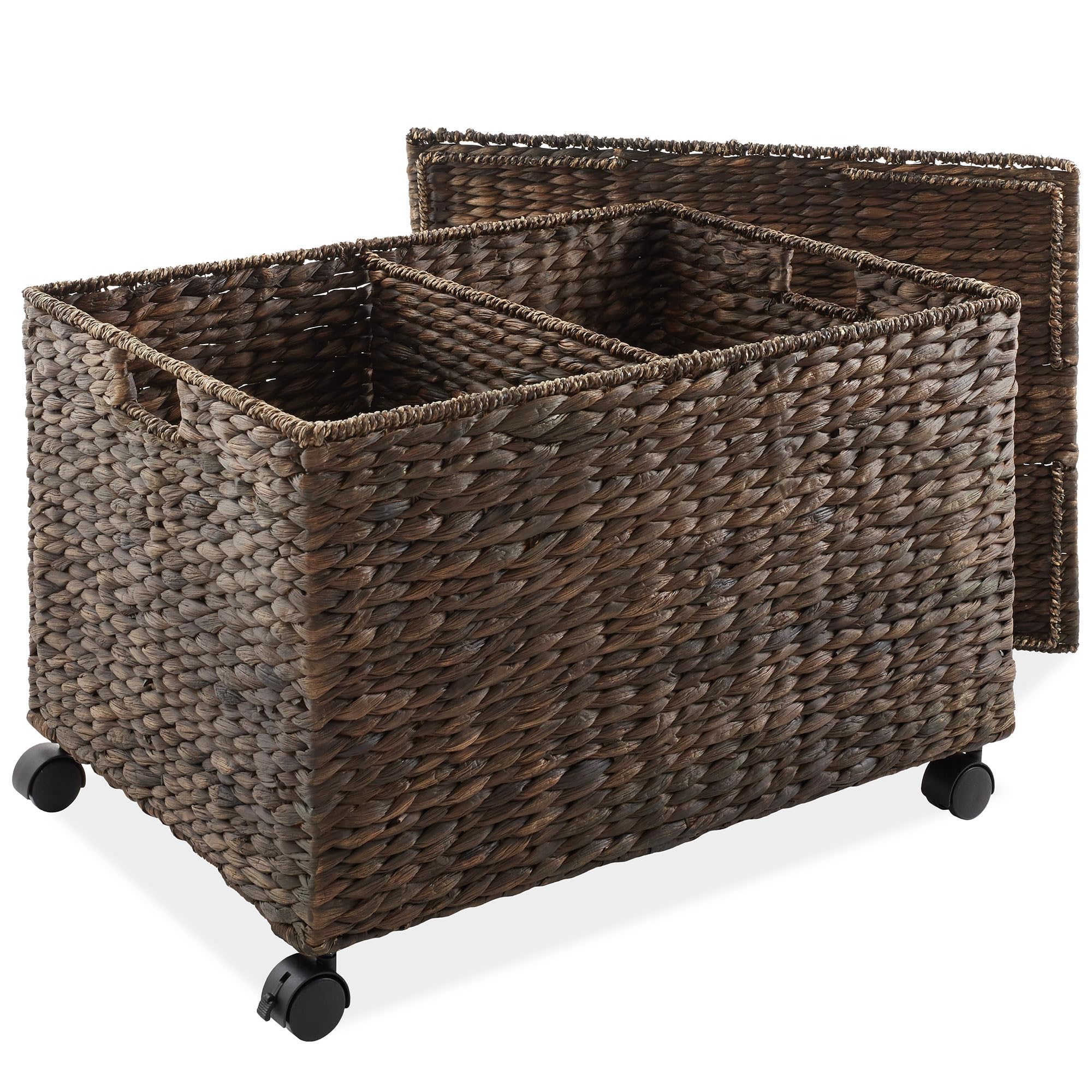 Casafield Rolling Storage Basket Cart with Lid and Locking Wheels, Espresso - Handwoven Water Hyacinth Divided Recycling Sorting