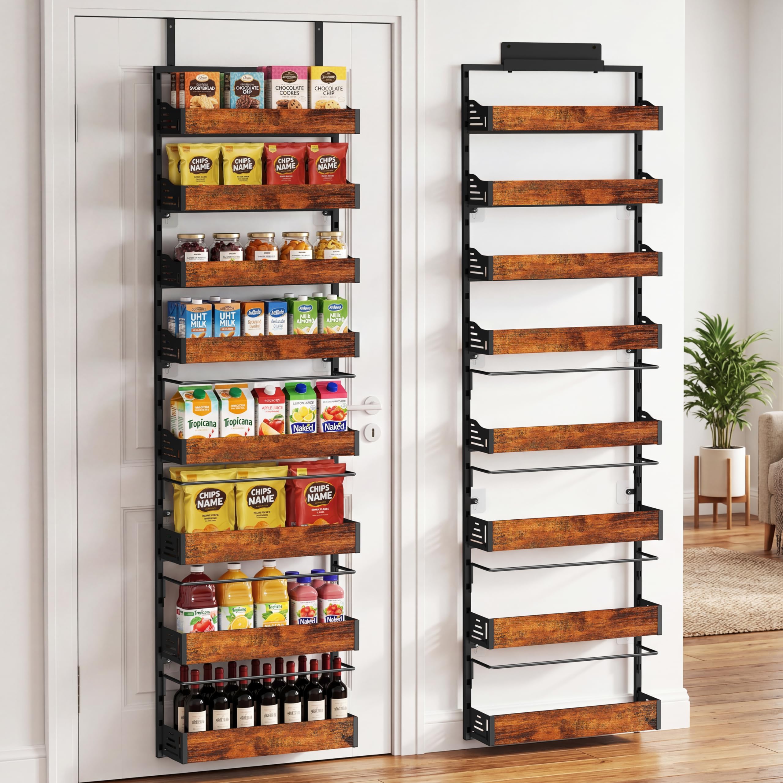 Over The Door Pantry Organizer, 8 Tier Spice Rack with Adjustable Wooden Basket, 2 IN 1 Wall Mount or Hanging Seasoning Organize