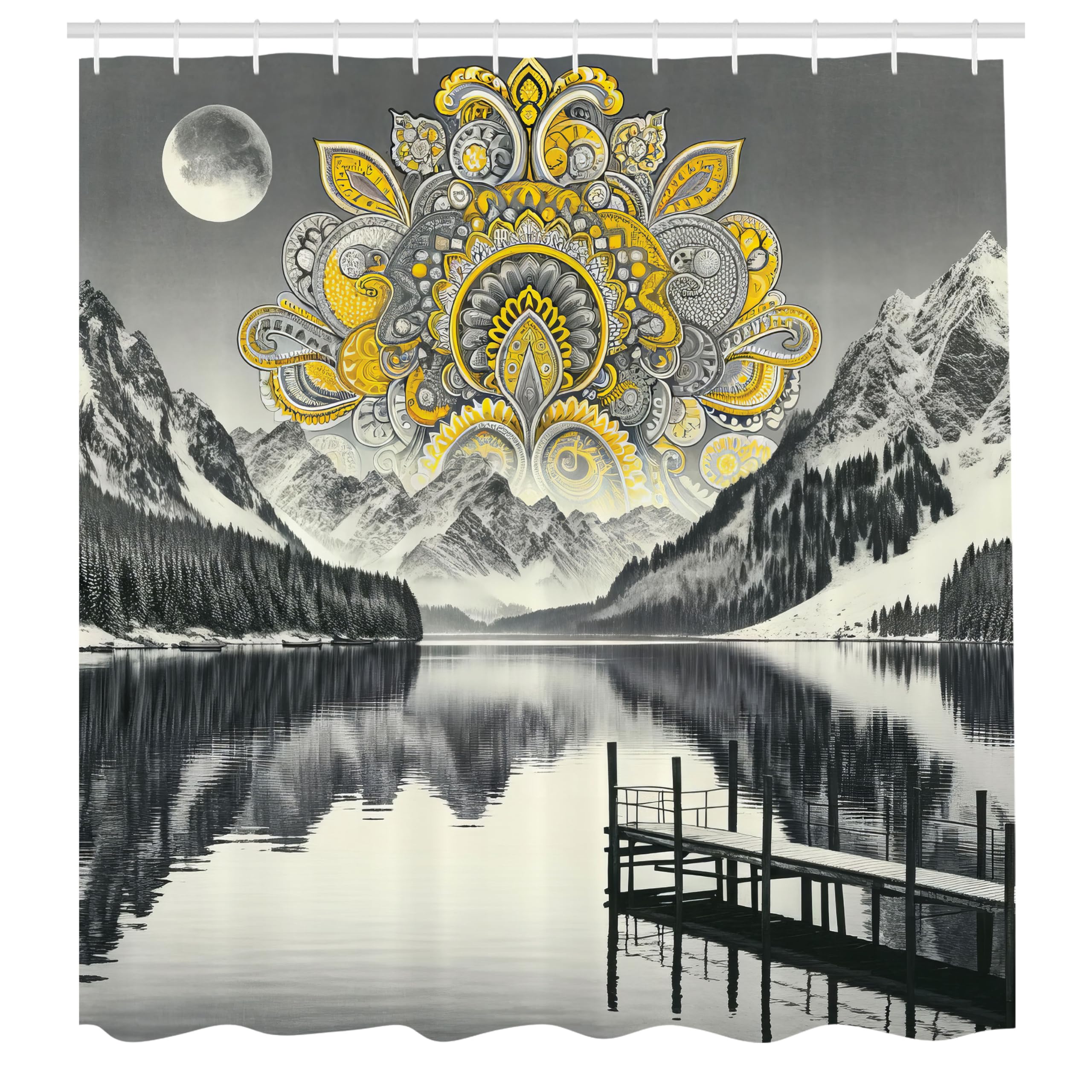 Ambesonne Lake Shower Curtain, Mandala Inspired Motif And Mountains Panorama In Grayscale Achromatic Colors, Cloth Fabric Bathro