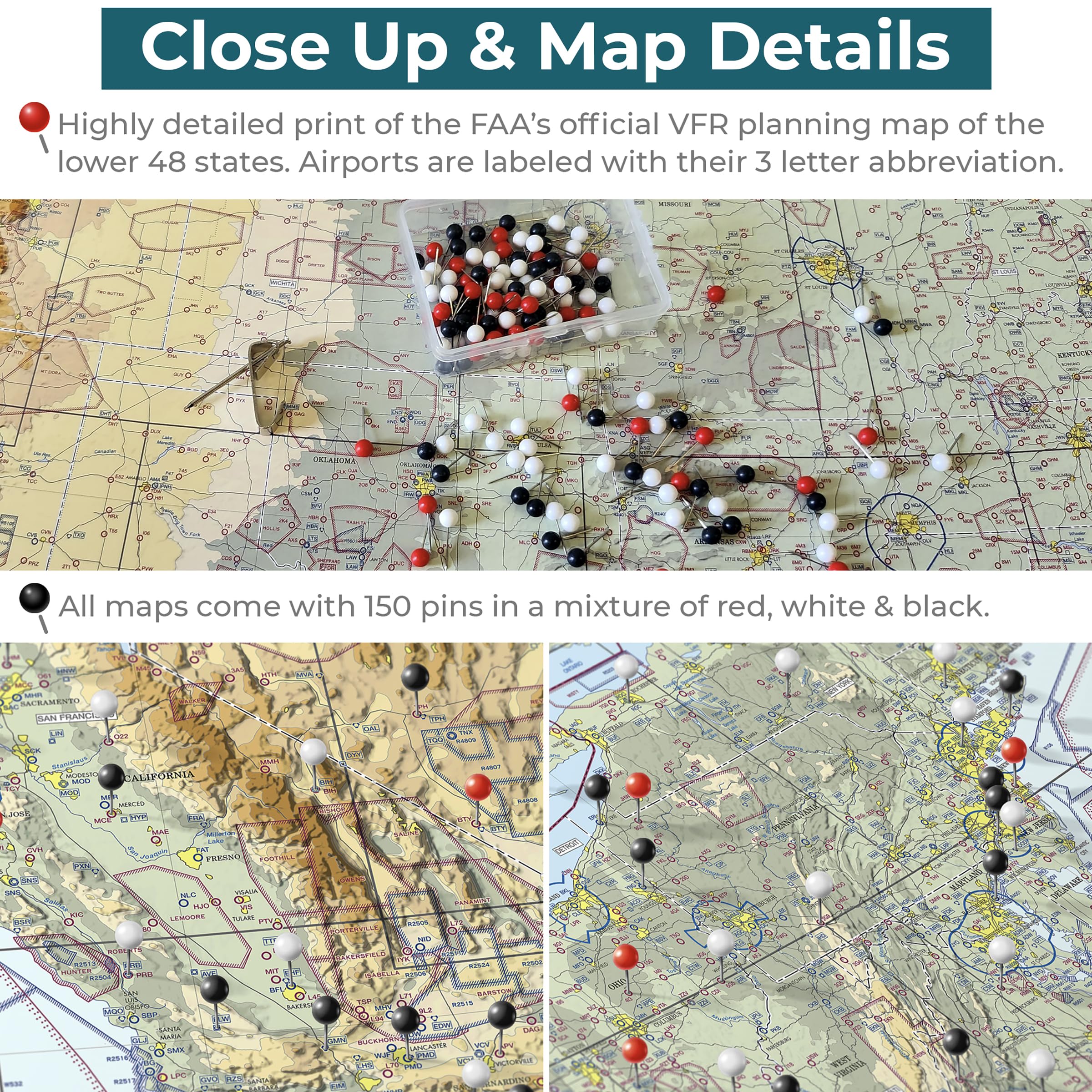Personalized Usa Vfr Pinnable Pilot'S Map - Brown Frame - 27.5 Inches X 39.5. Inches - Aviator'S Map - Chart Your Flights!