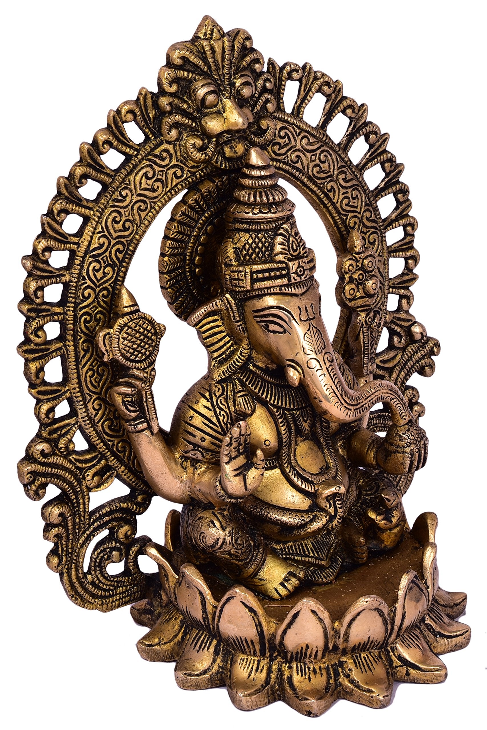 Kalarambh Brass Lotus Ganesha/Ganesh/Ganpati Idol Murti Statue For Home Pooja Puja Mandir Decor Collectible Handicraft Art, Yell