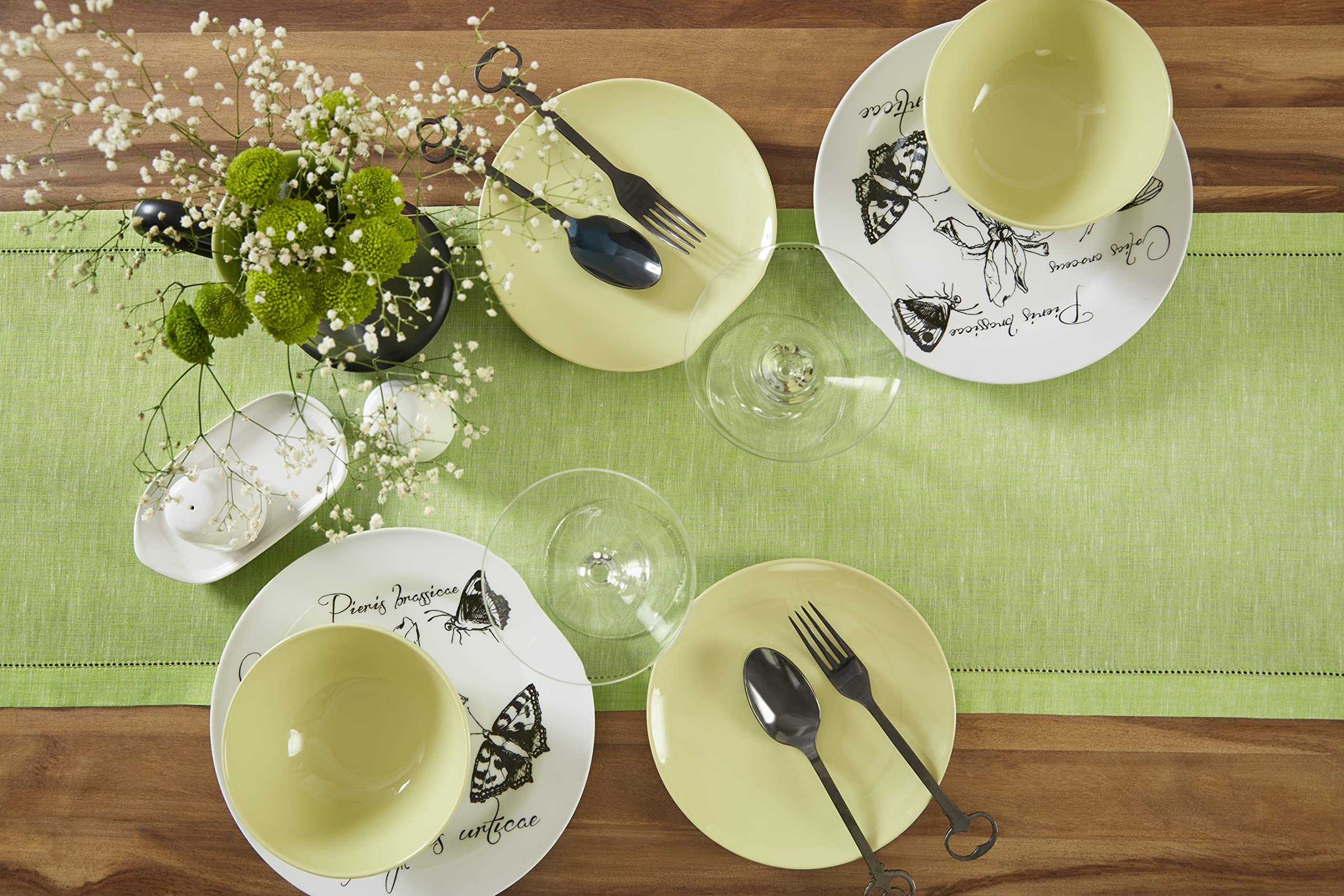 Solino Home Linen Hemstitch Table Runner - 14 x 72 Inch Chambray Lime Green - 100% Pure Linen Table Runner for Spring  Summer  Dining  Wedding - Milan  Handcrafted and Machine Washable