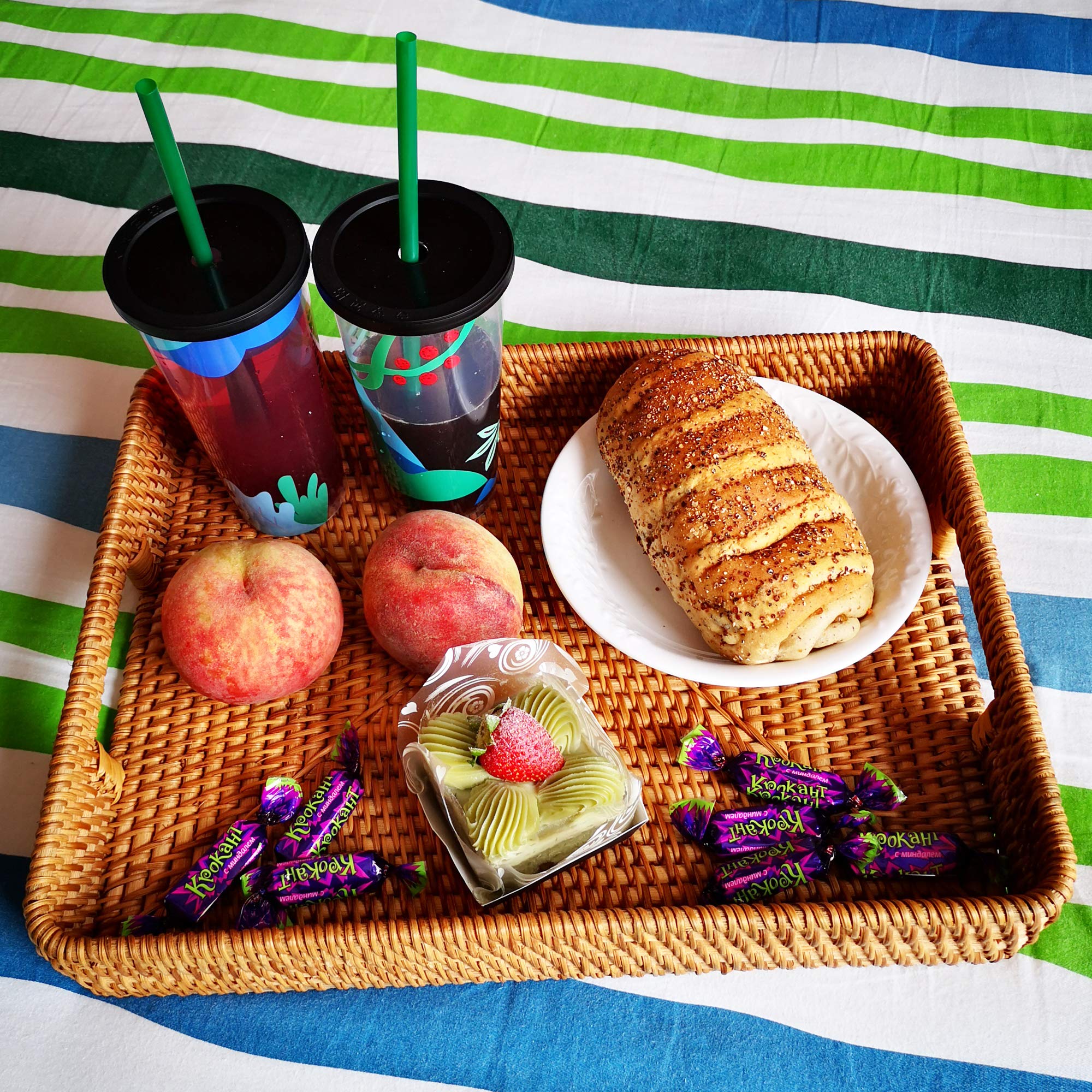 I-Lan 2 Pack Oversize Deep Natural Wicker Serving Tray With Handles And 2.3    Wall, 16 Inch Rectangular Rattan Office Tray, Dec