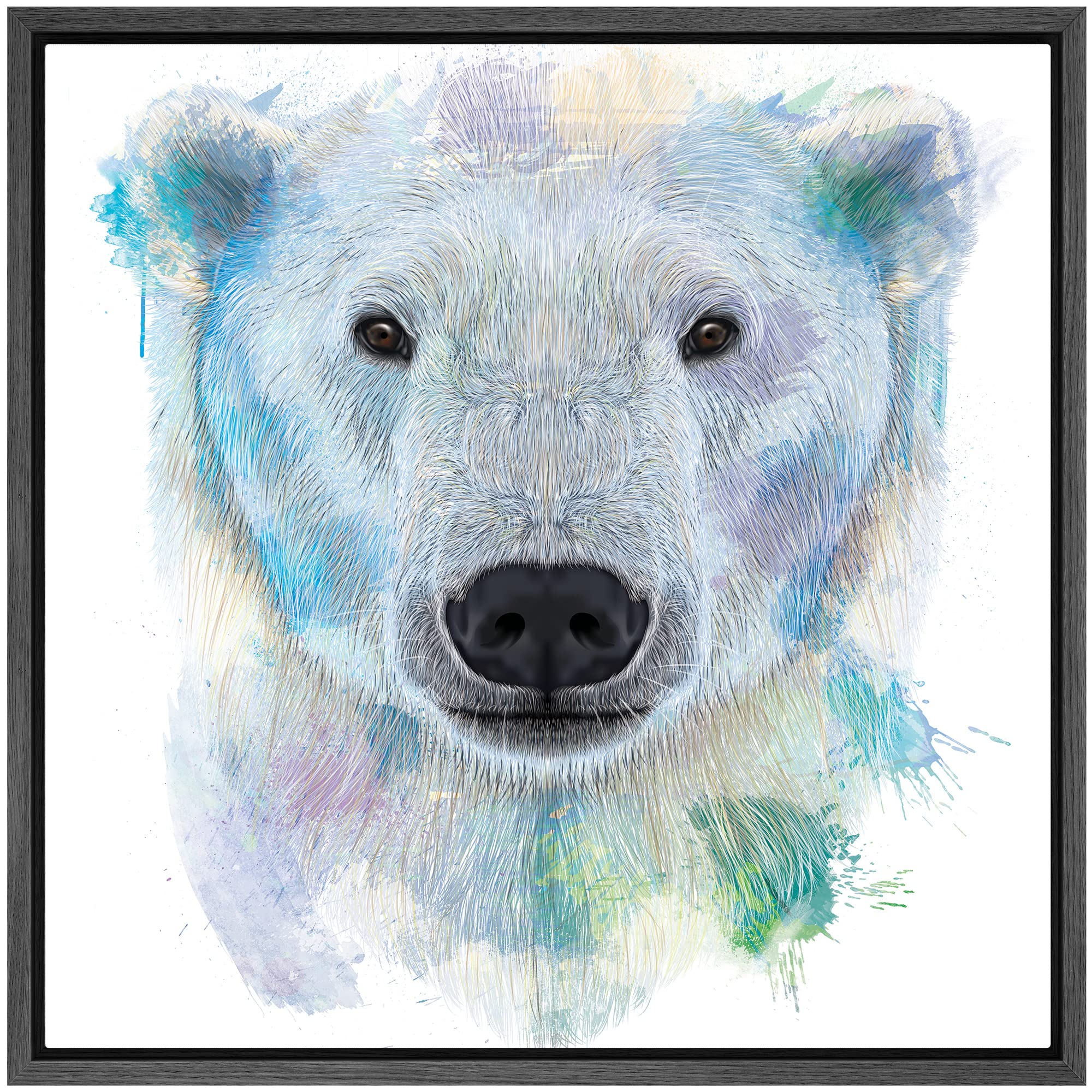 Wall26 - Fun And Colorful Splattered Watercolor Polar Bear - Framed Canvas Art Home Art - 24''X24'' Black