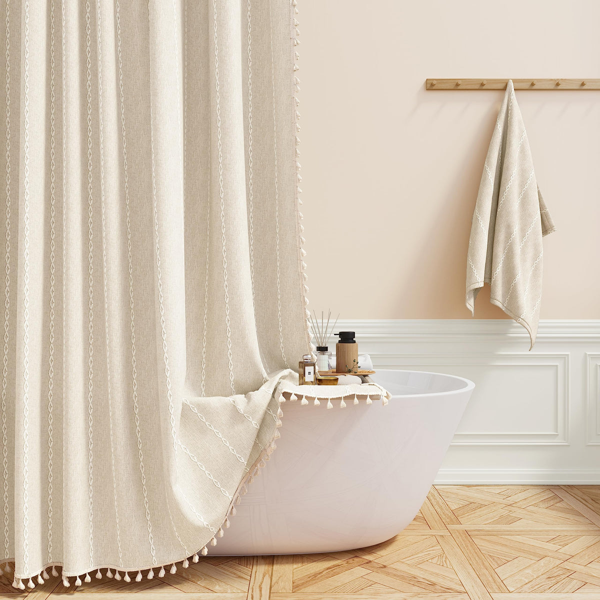 Bttn 78 Inch Long Shower Curtain - Boho Farmhouse Linen Thick Striped Fabric Shower Curtain Set With Plastic Hooks, Tall Rustic
