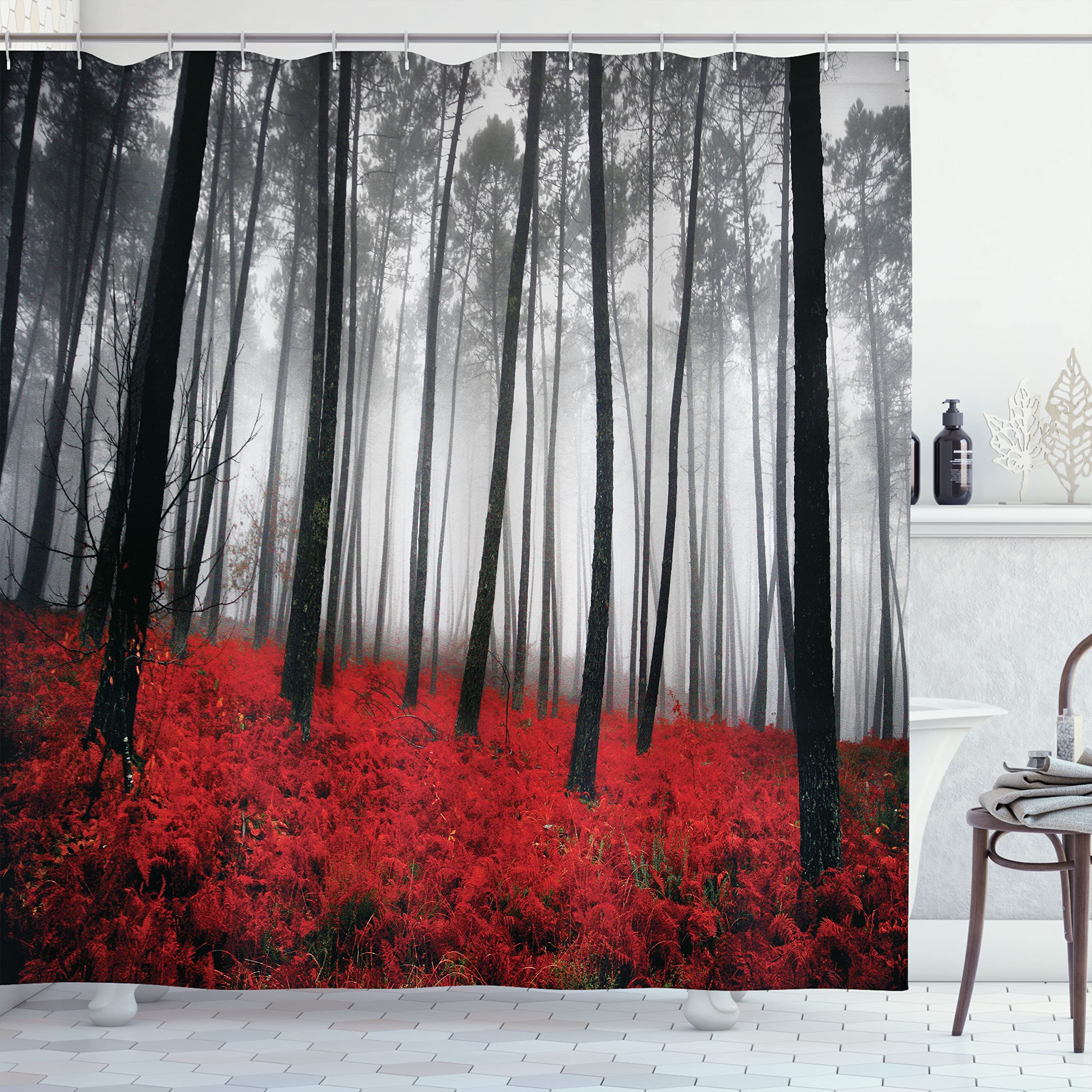 Ambesonne Forest Shower Curtain, Mystical Fantastic Theme Woodland Fog Trees Bushes Contrast Colors Art Photography, Cloth Fabri