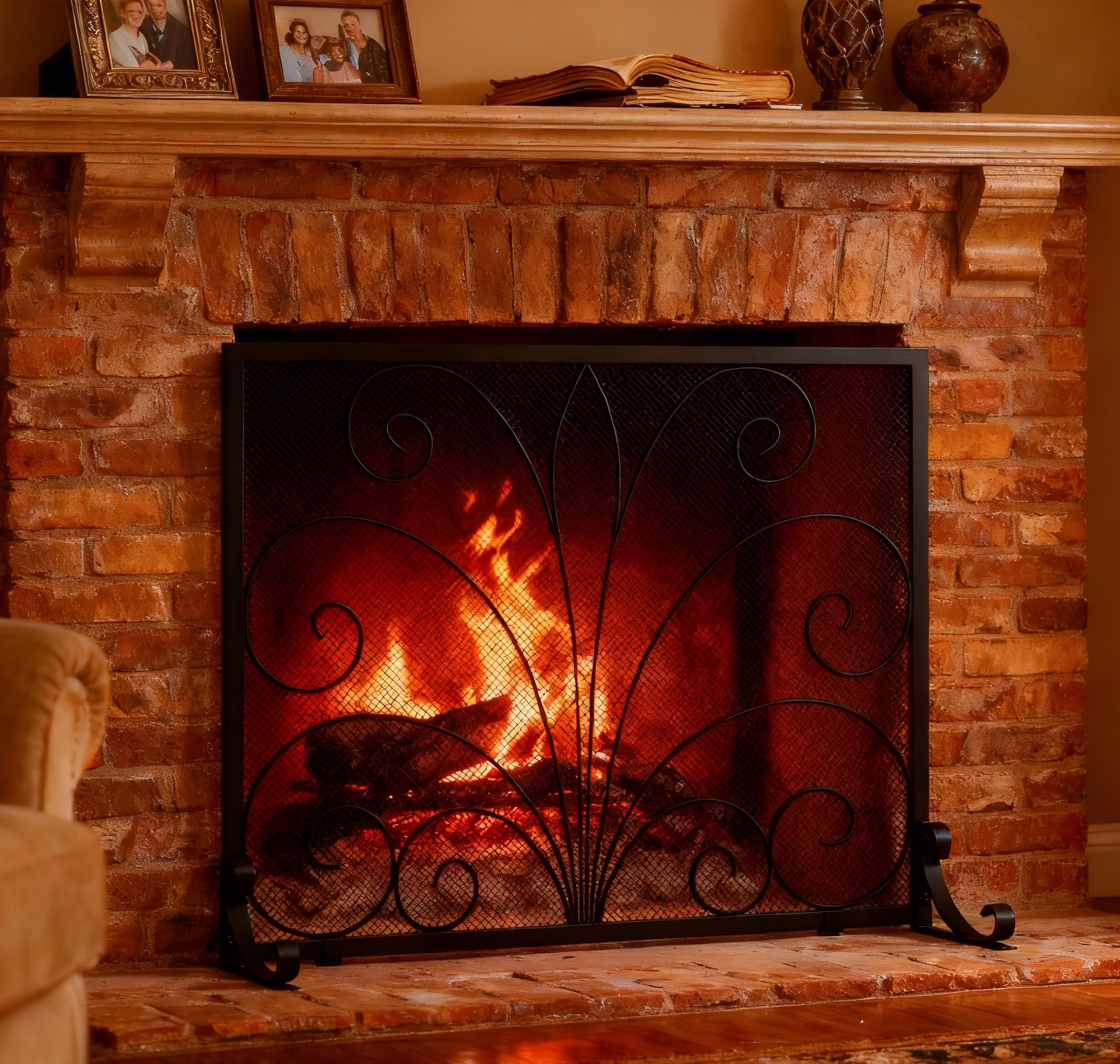 Fire Beauty Fireplace Screen,Handcrafted Wrought Iron,Flat Guard Metal Furnace Fireguards Mesh,Safe Spark Protector,Wood Burning