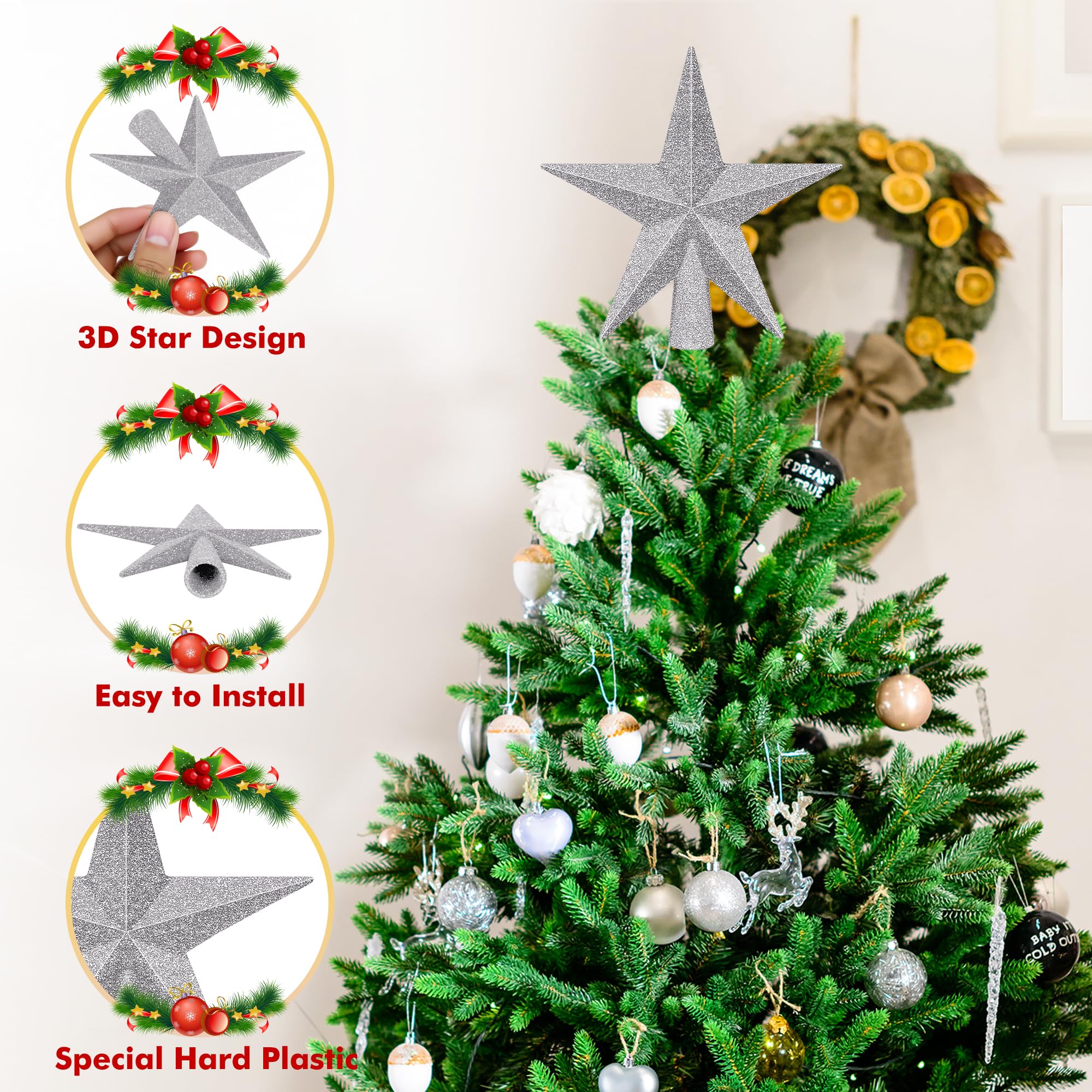 1PCS Tree Topper, 4 Star Christmas Tree Topper Glitter Sliver, Mini Bethlehem Star Xmas Shatterproof Tree Topper Decorations, Wa