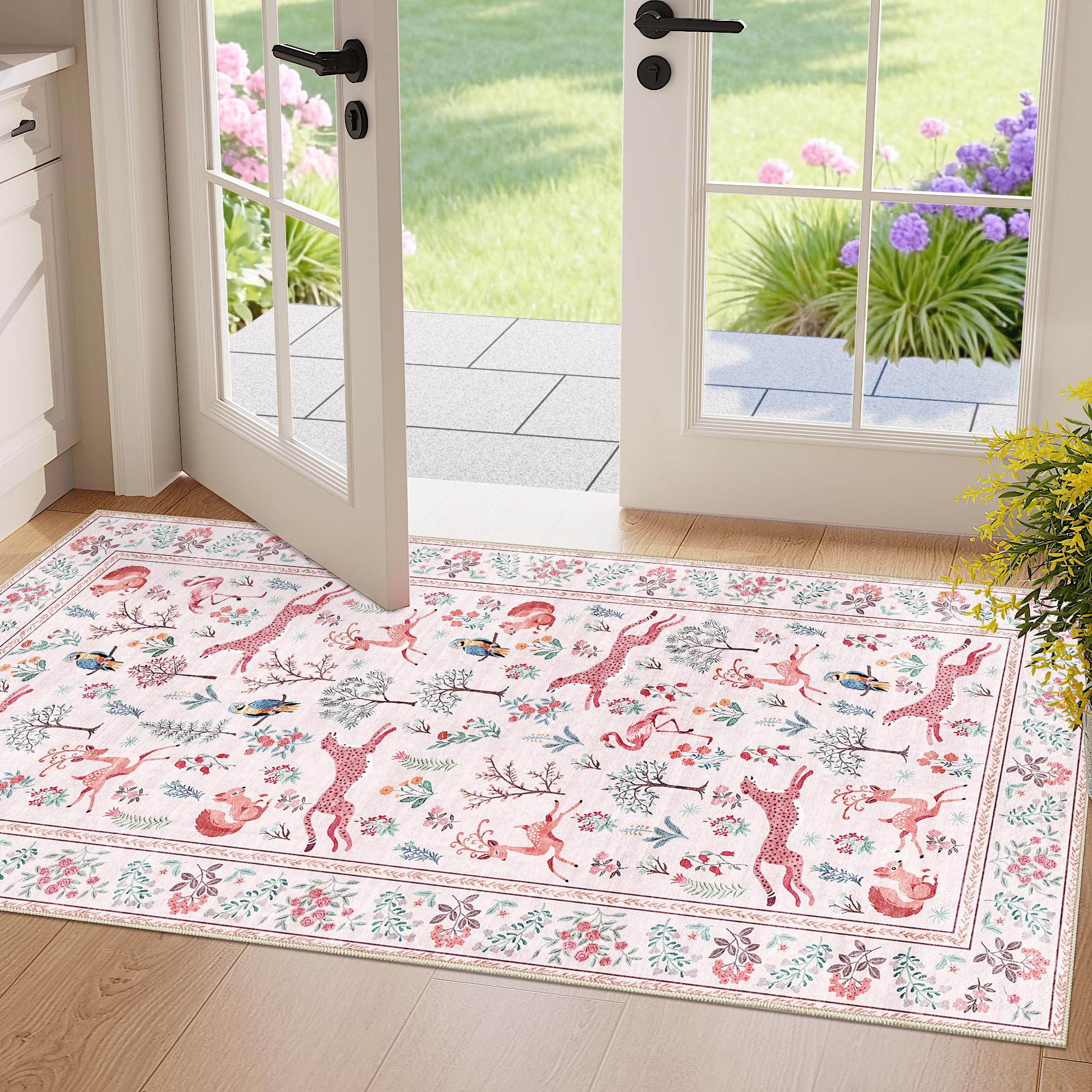 DUKINO 2x4 Rug for Hallway, Washable Kitchen Runner Rug with Non Slip Backing, Soft Low Pile Vintage Animal Runner for Bedroom, 