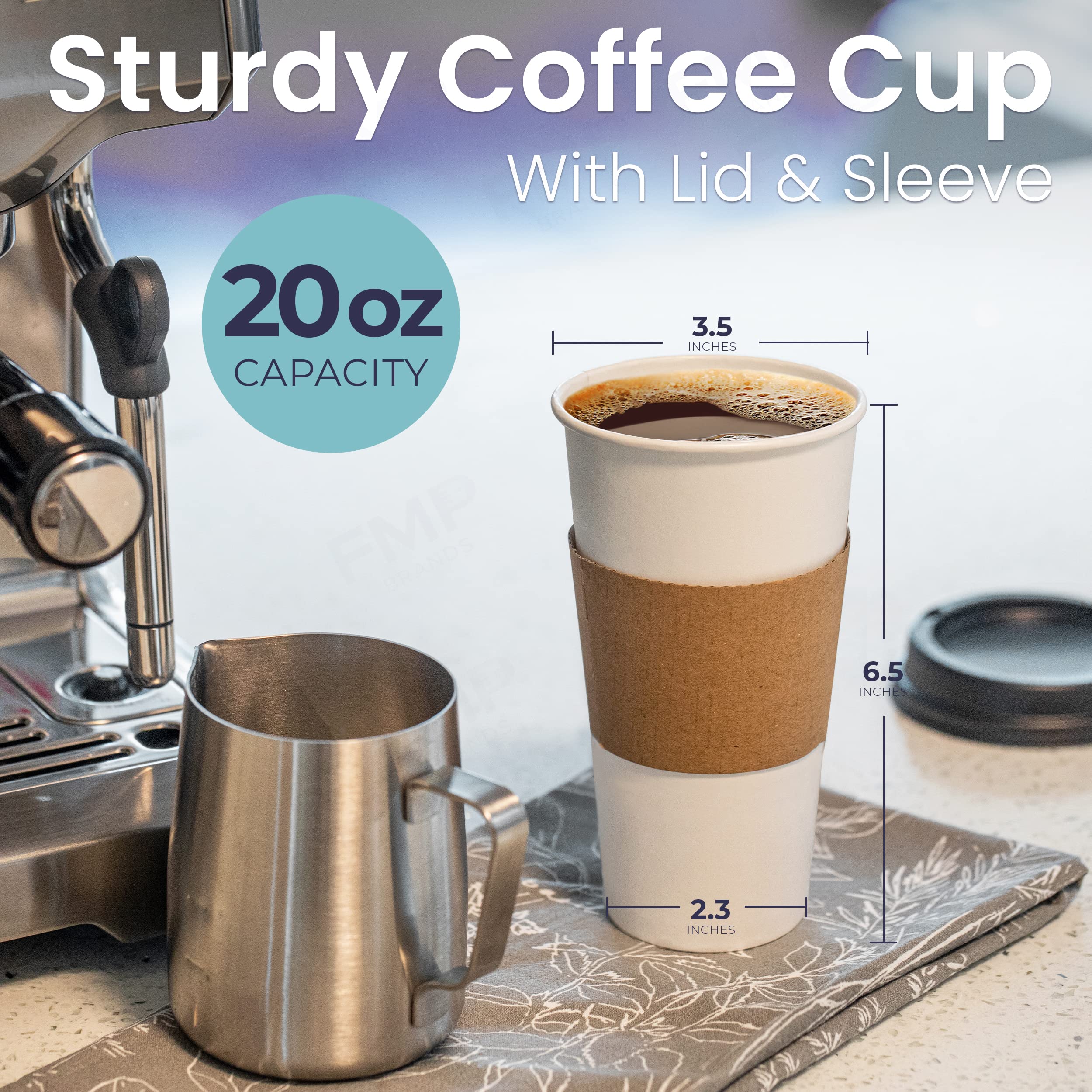 Fit Meal Prep 50 Pack 20 Oz Disposable Coffee Cups With Lids, Kraft Sleeves And Stirrers, Premium Large To Go Coffee Cups With L