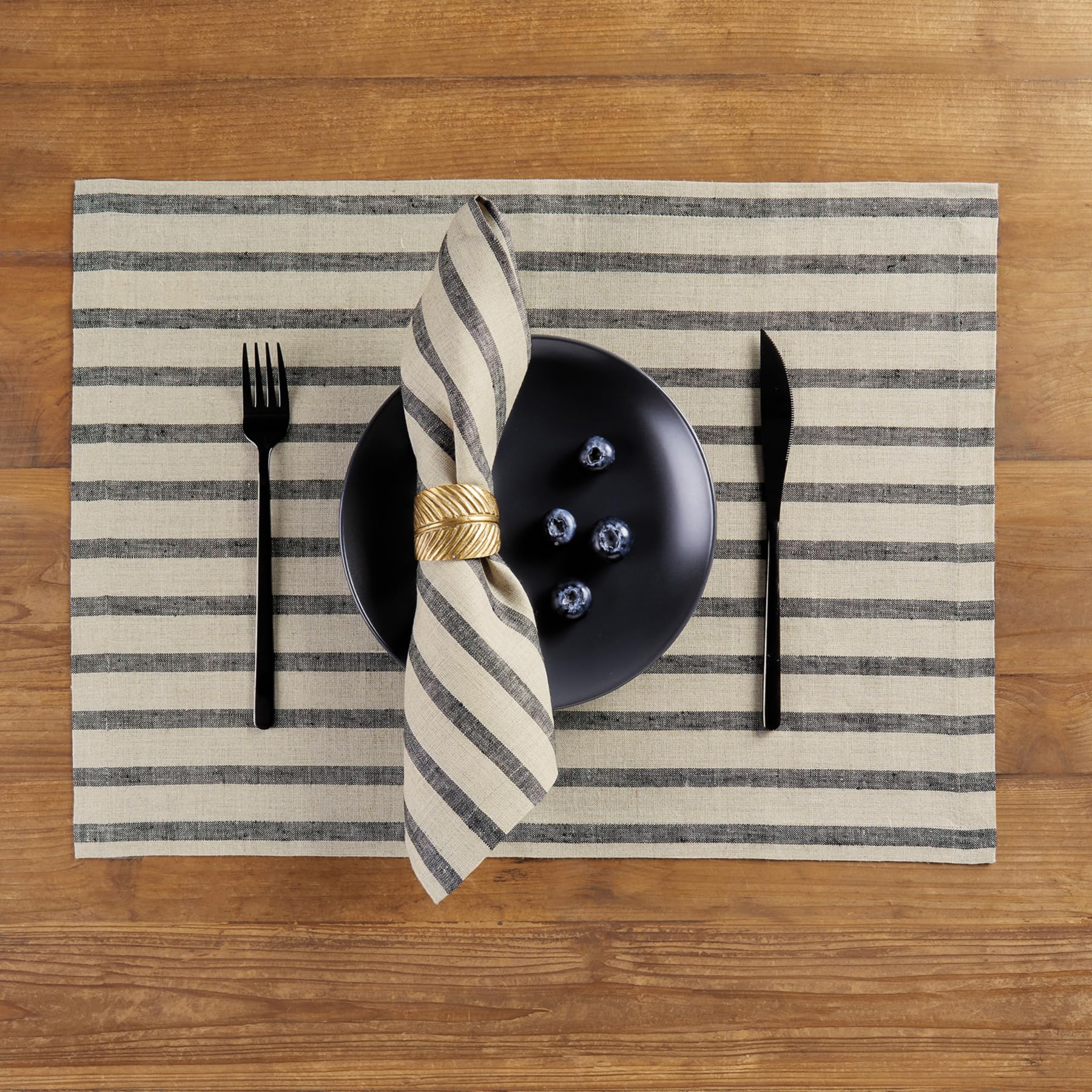 Solino Home Stripe Linen Dinner Napkins 20 X 20 Inch - 100% Pure Linen Black And Natural Cloth Napkins Set Of 4 - Madison Stripe