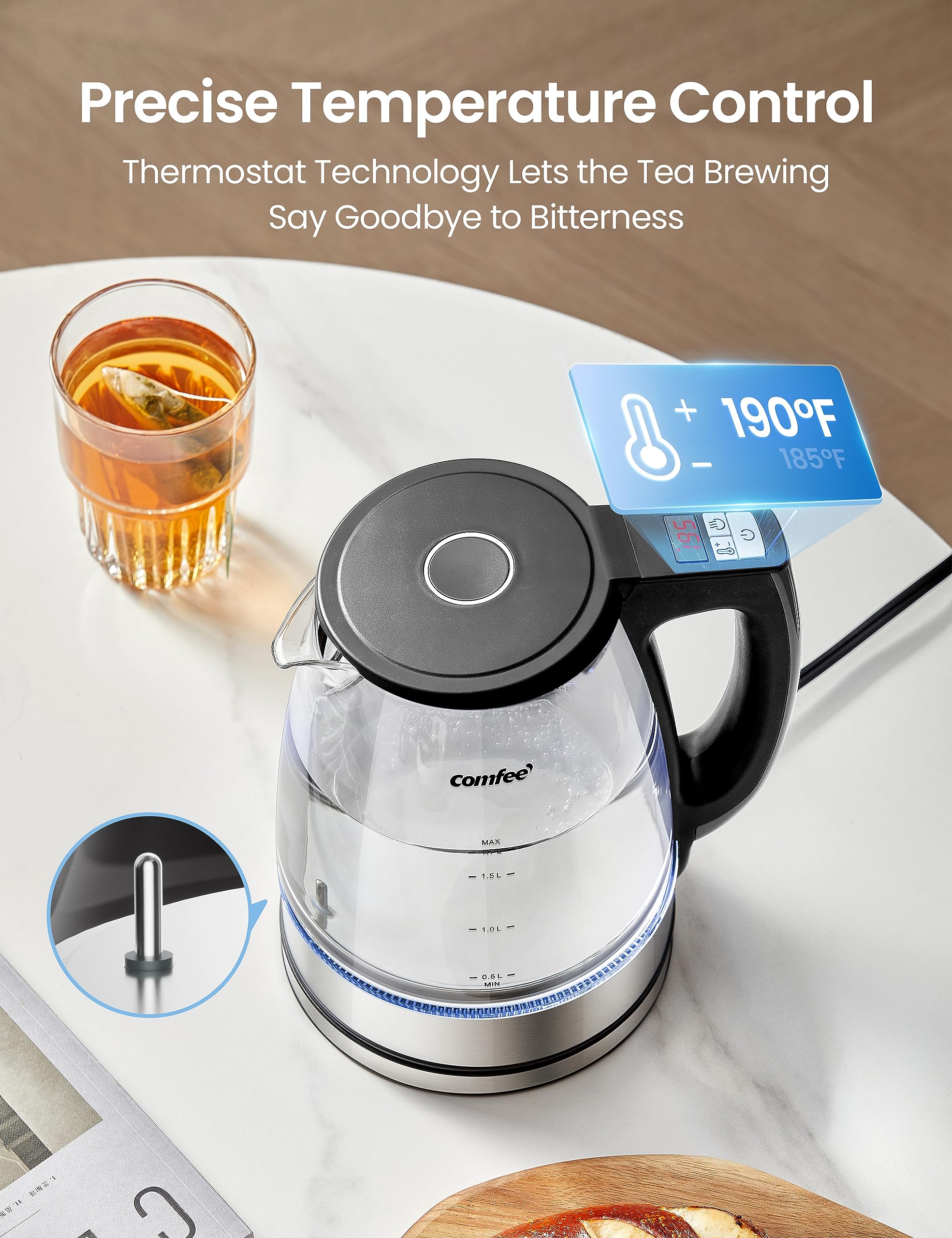 Comfee' 1.7L Glass Tea Kettle And Kettle Water Boiler - Electric Kettle Temperature Control With 6 Presets, 2-Hr Keep Warm, Fast
