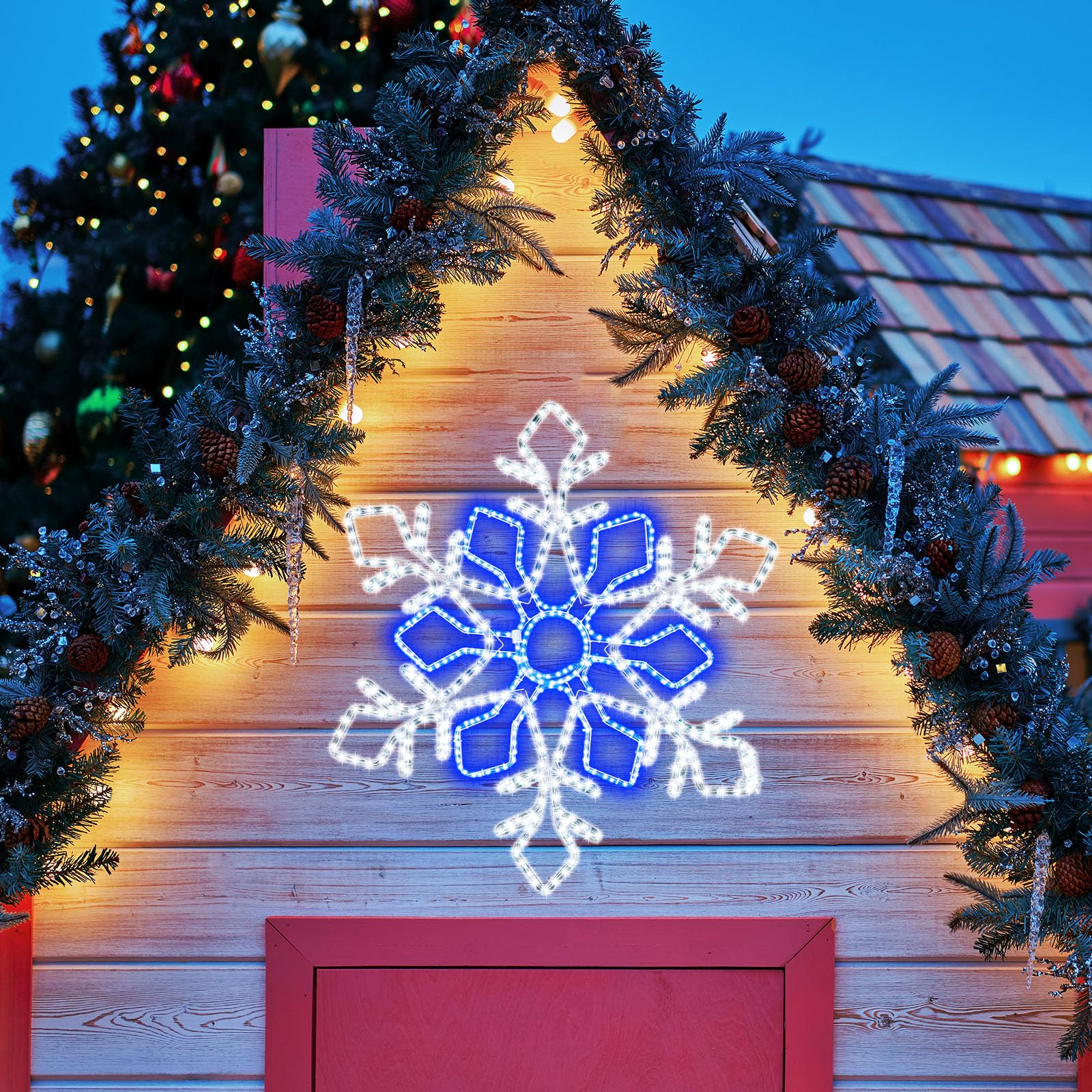 Wettal 36 Inch Christmas Snowflake Lights Outdoor Decor, Waterproof Blue & White LED Large Light Up Christmas Snowflake Hanging