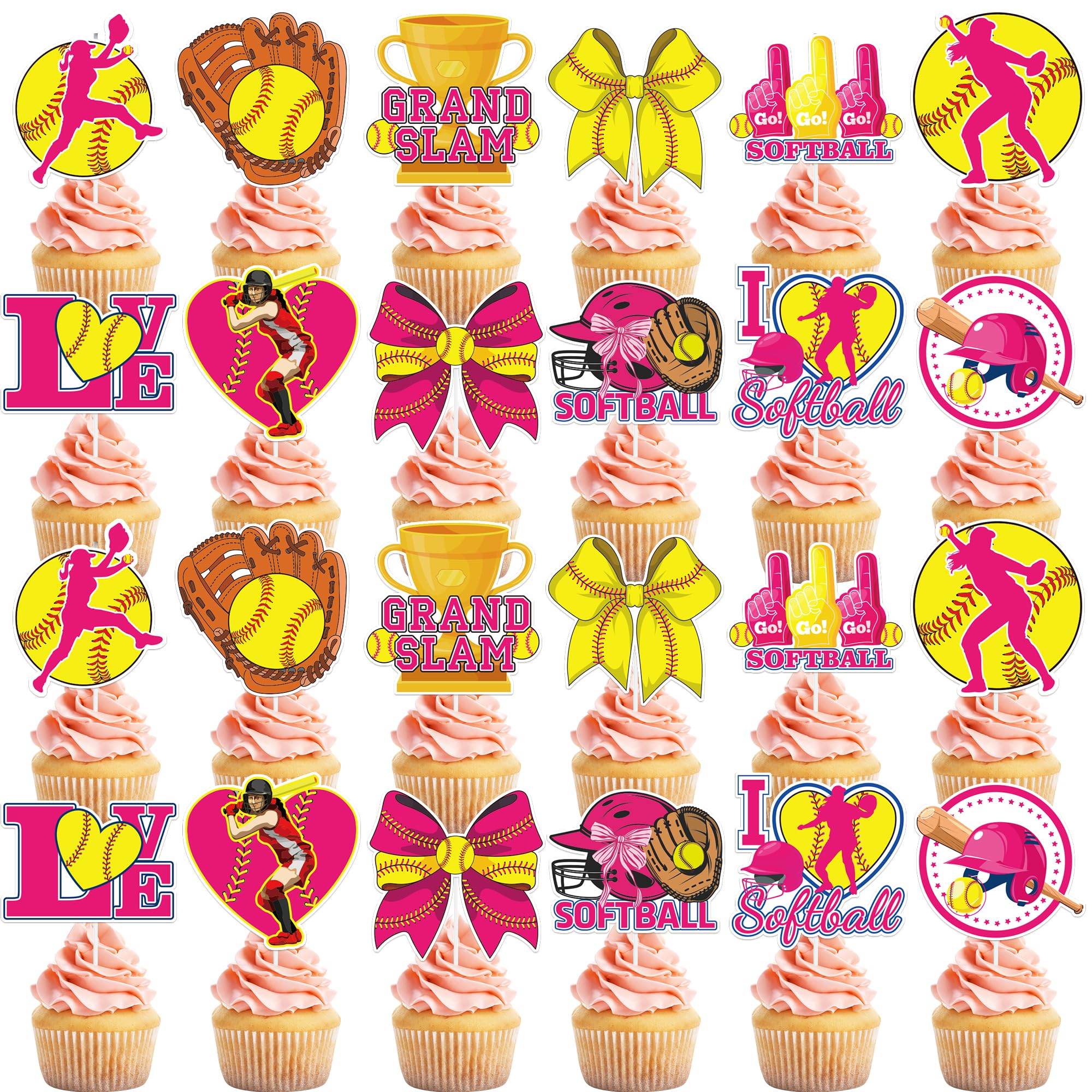 Hokinaa Softball Cupcake Toppers Decorations - 24 Pcs Sports Theme Birthday Cup Cake Topper Picks, Pink Yellow Baseball Sport Ta