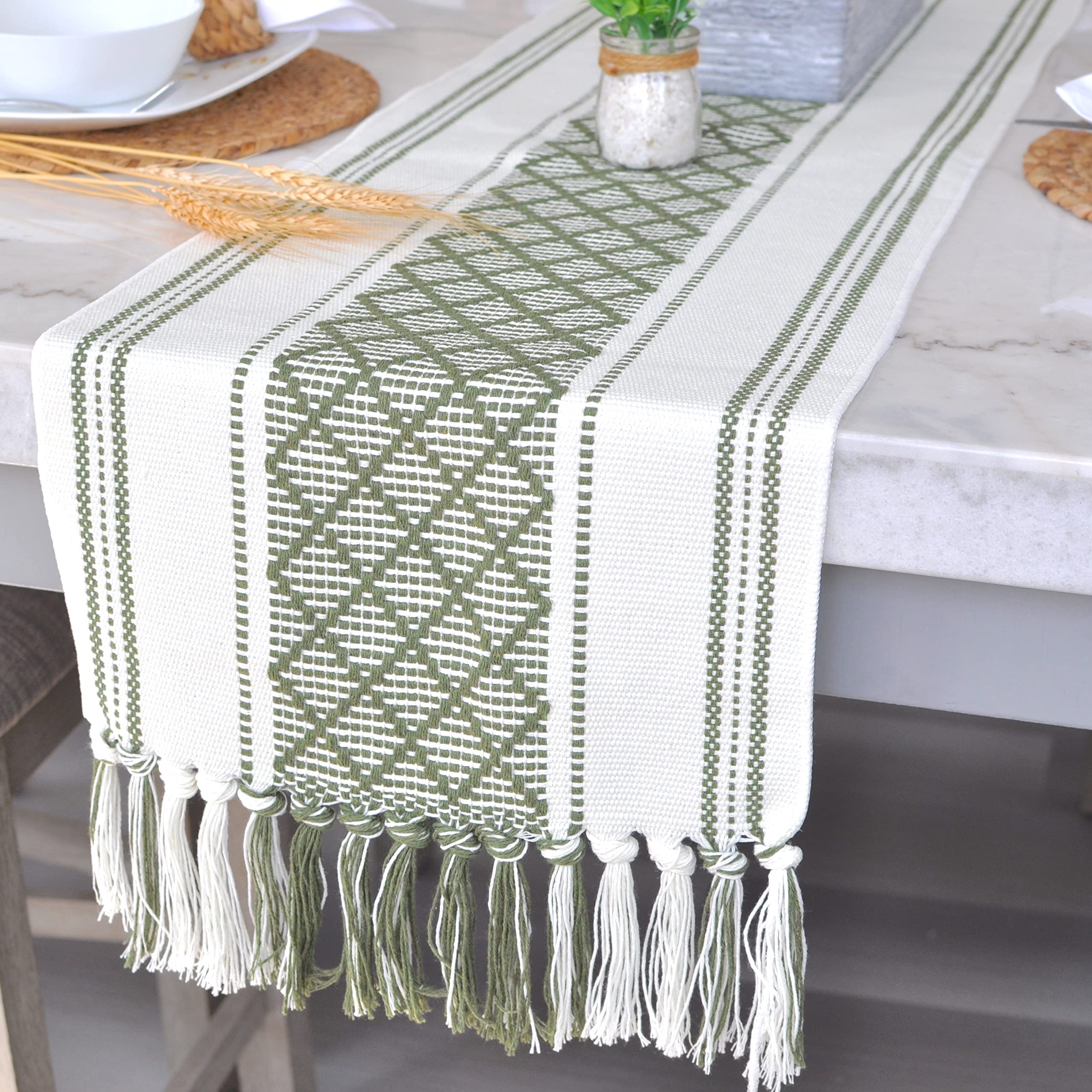 Oveesha Boho Dining Table Runner With Fringes 14 X 72 Inches, Olive Green & Cream / Woven Washable Dresser Scarf For Bedroom, Fa
