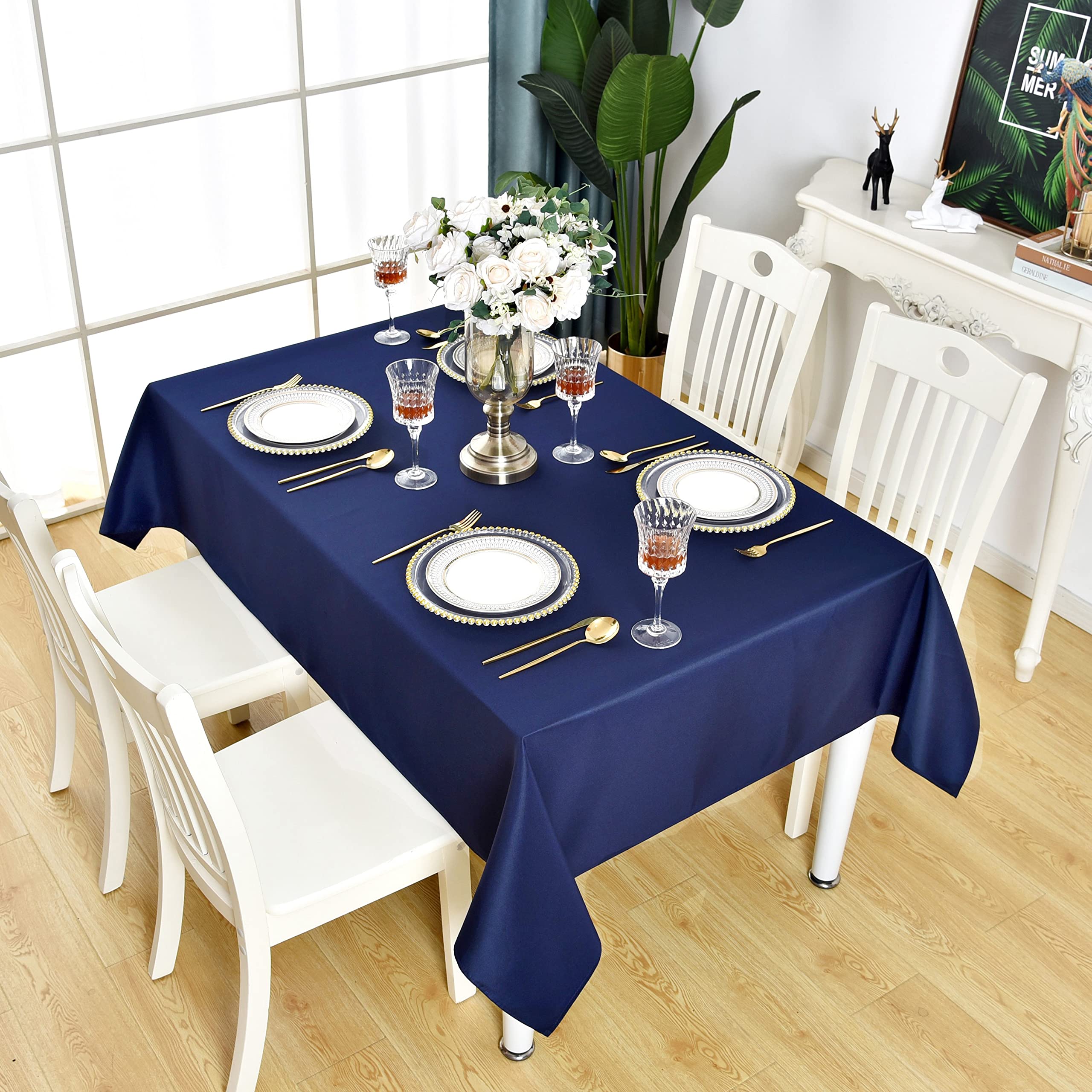 Kaipho Navy Blue Square Tablecloth Waterproof Stain Resistant Wrinkle Free Table Cloth 210Gsm Polyester Wipeable Table Cover For