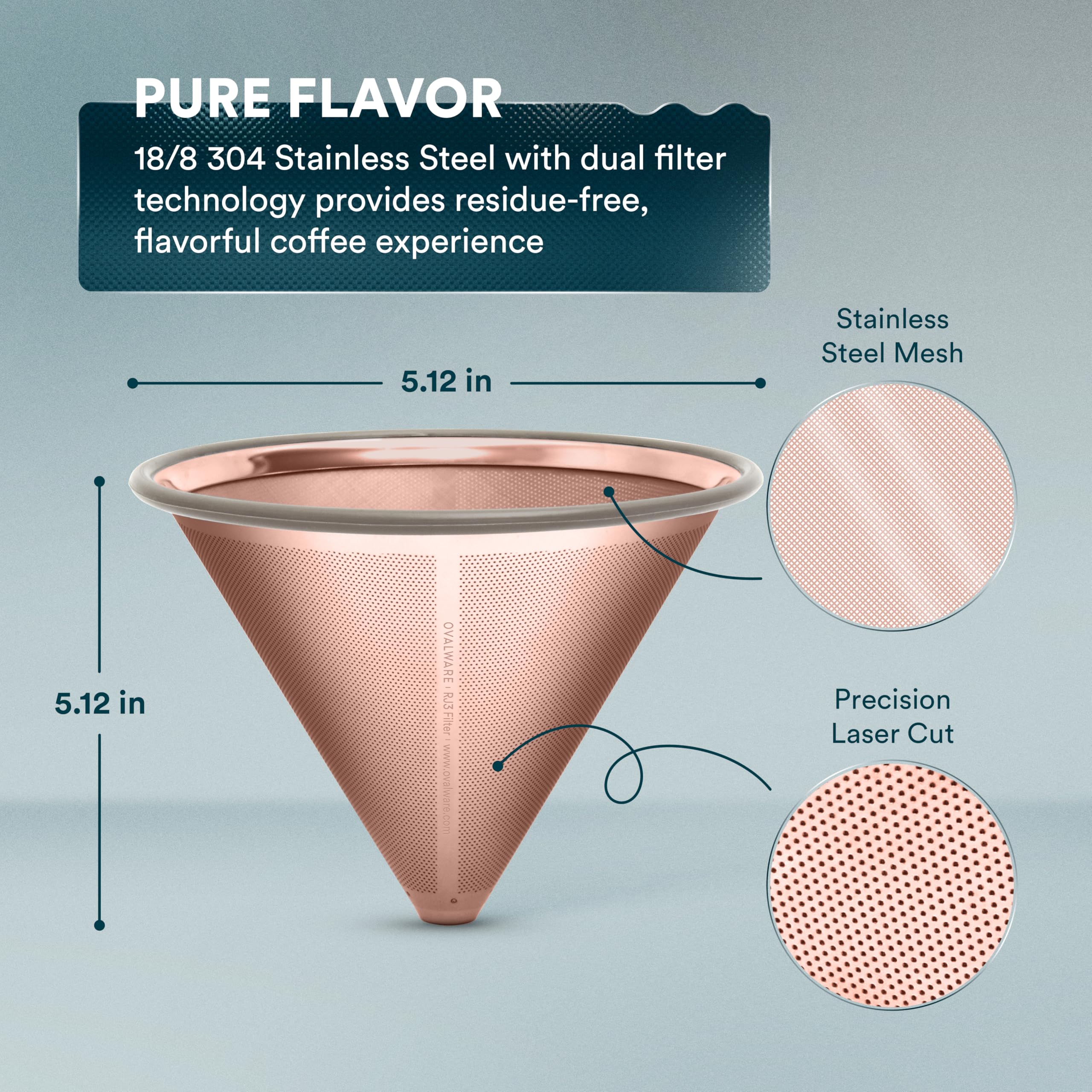OVALWARE Paperless Stainless Steel Pour Over Coffee Filter - Reusable and Permanent Coffee Cone Dripper for Ovalware  Chemex  Hario and Other Carafes (Titanium Rose Gold)