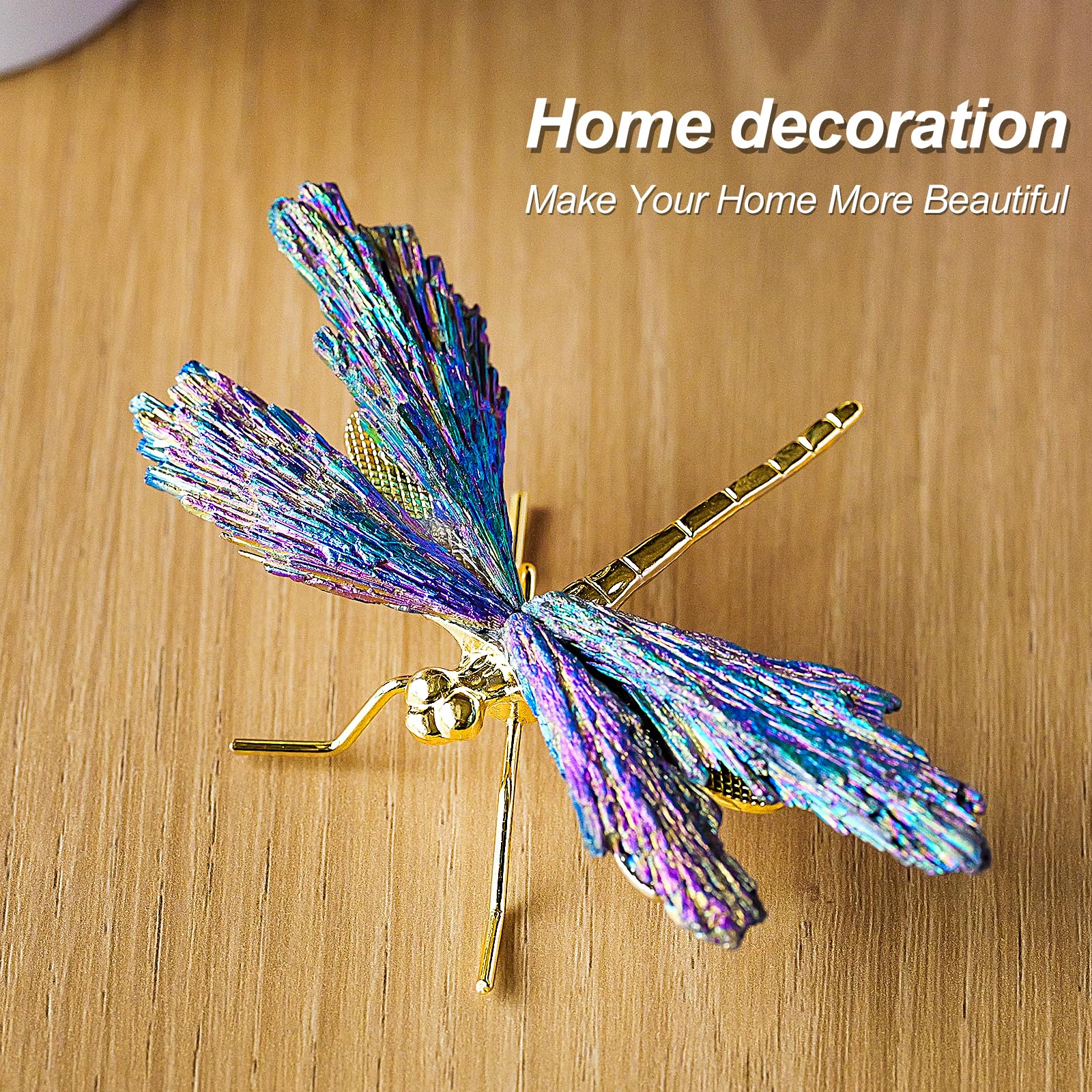 RJINGSHI Dragonfly Statue Natural Electroplated Tourmaline Dragonfly Decor Collection Natural Home Decor Healing Crystals Dragon