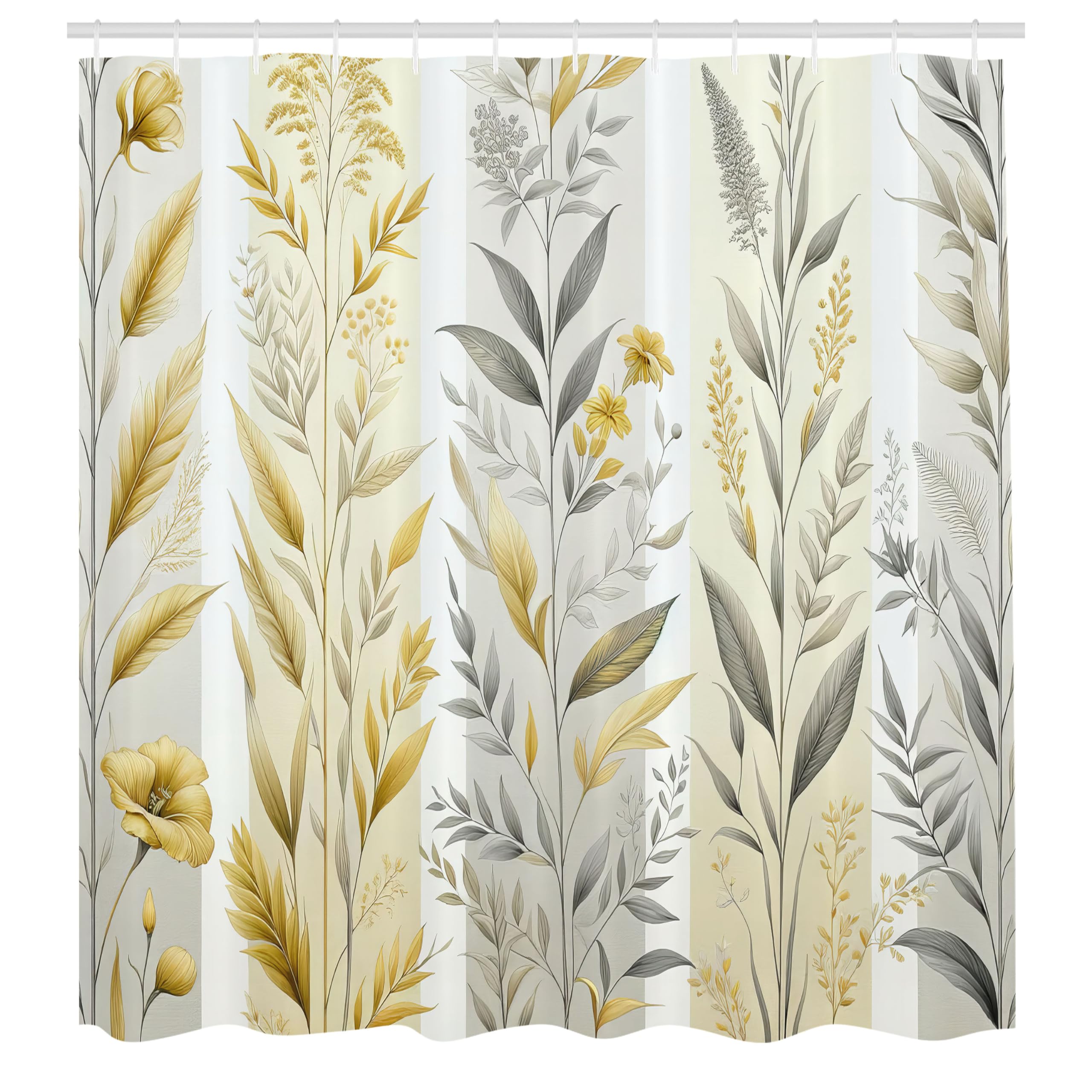 Ambesonne Yellow Shower Curtain, Modern Farmhouse Concept Floral Leaves Composition With Striped Details, Cloth Fabric Bathroom