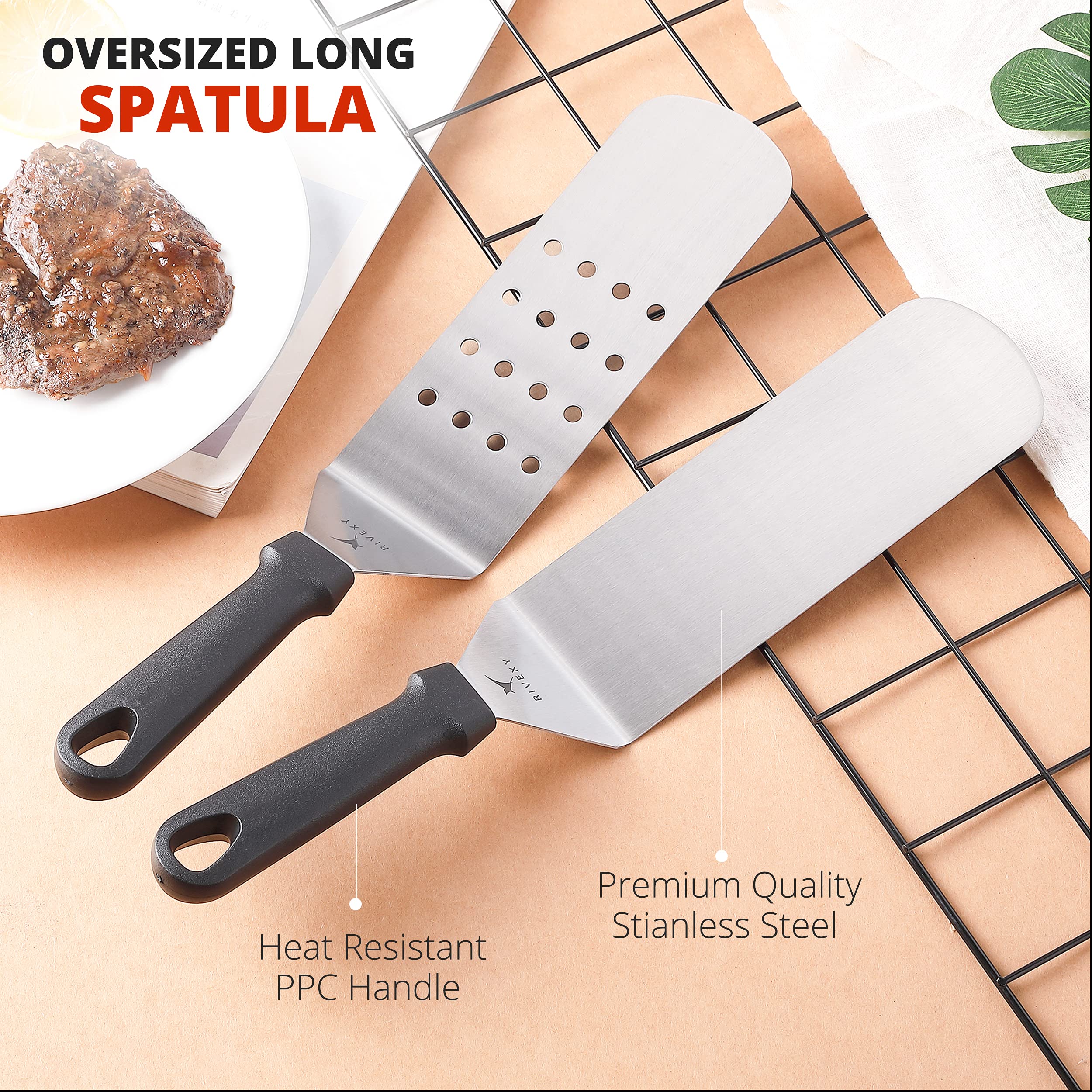 Rivexy 5 Pcs Grill Spatula for Outdoor Grill Premium Quality Metal Spatula for Cast Iron Skillet Durable Flat Top Grill Accessories Great for Outdoor BBQ Teppanyaki and Camping