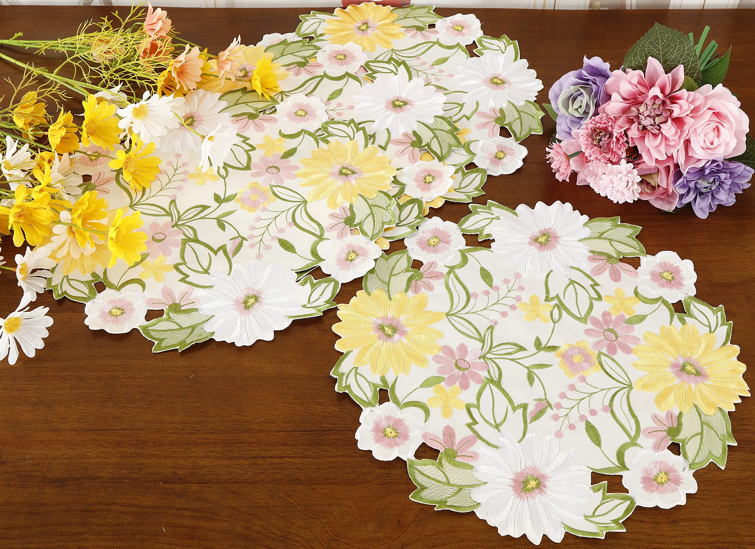 Embroidered Flowery Placemat 14 '' Set Of 4 Applique Floral Daisy Cutwork Embroidered Table Linen, Home Kitchen Dining Tabletop