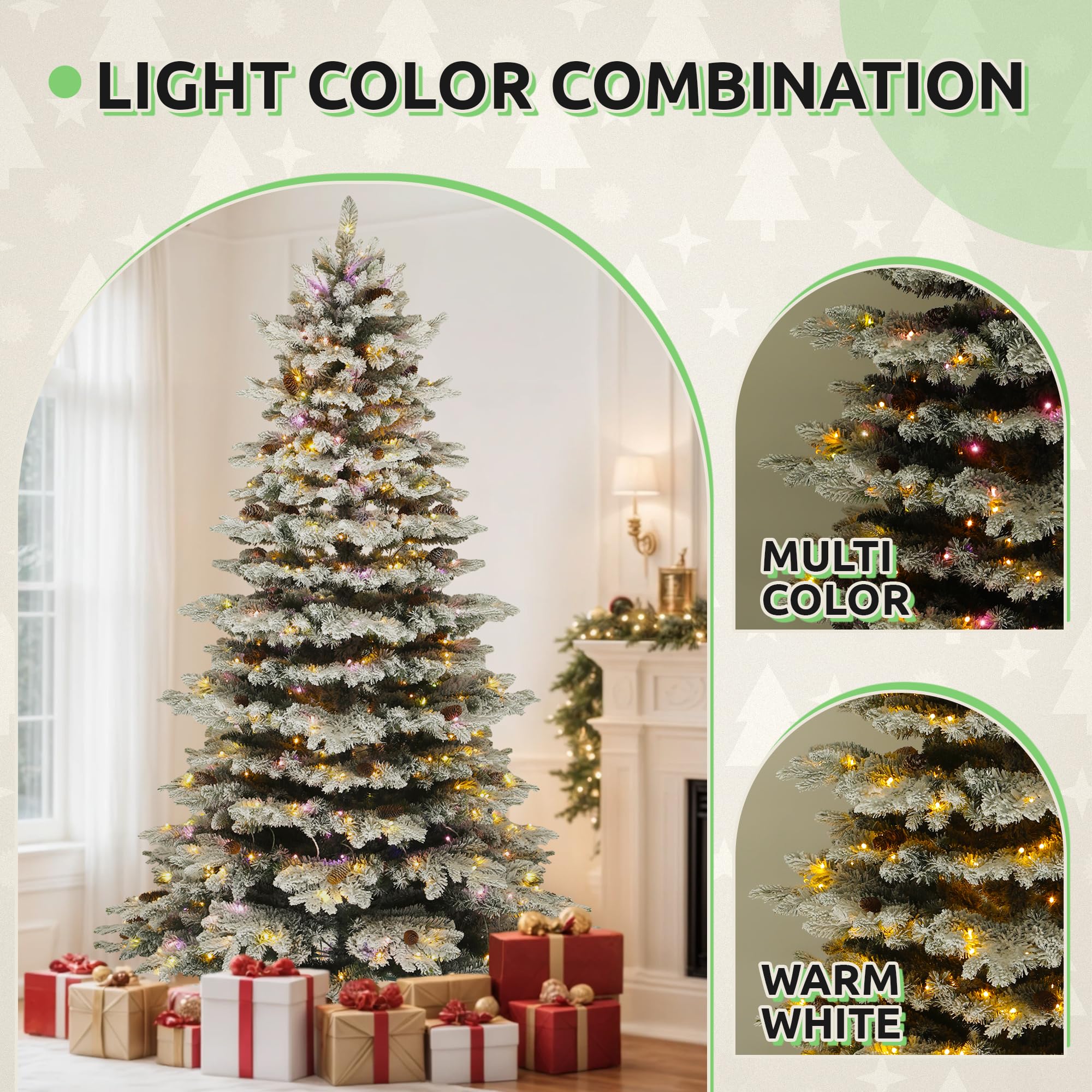 GOOBED 7.5FT Pre-Lit Flocked Spruce Christmas Tree with 550 Lights & 1278 Tips, Pre-Decorated Mountain Pine Layered Spruce Chris