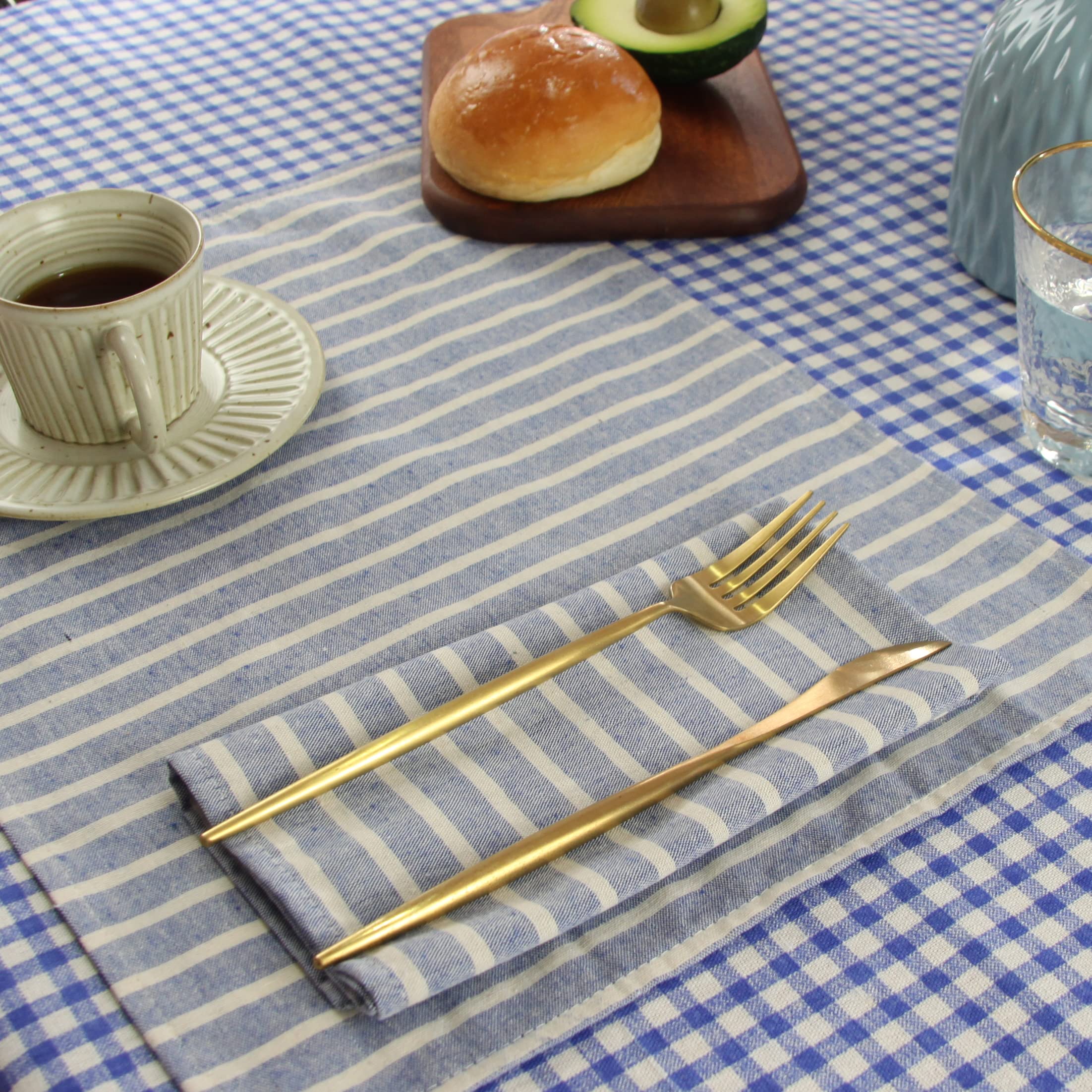 Infei Broad Striped Cotton Blended Dinner Cloth Napkins - Set Of 12 (40 X 30 Cm) - For Events & Home Use (Blue)