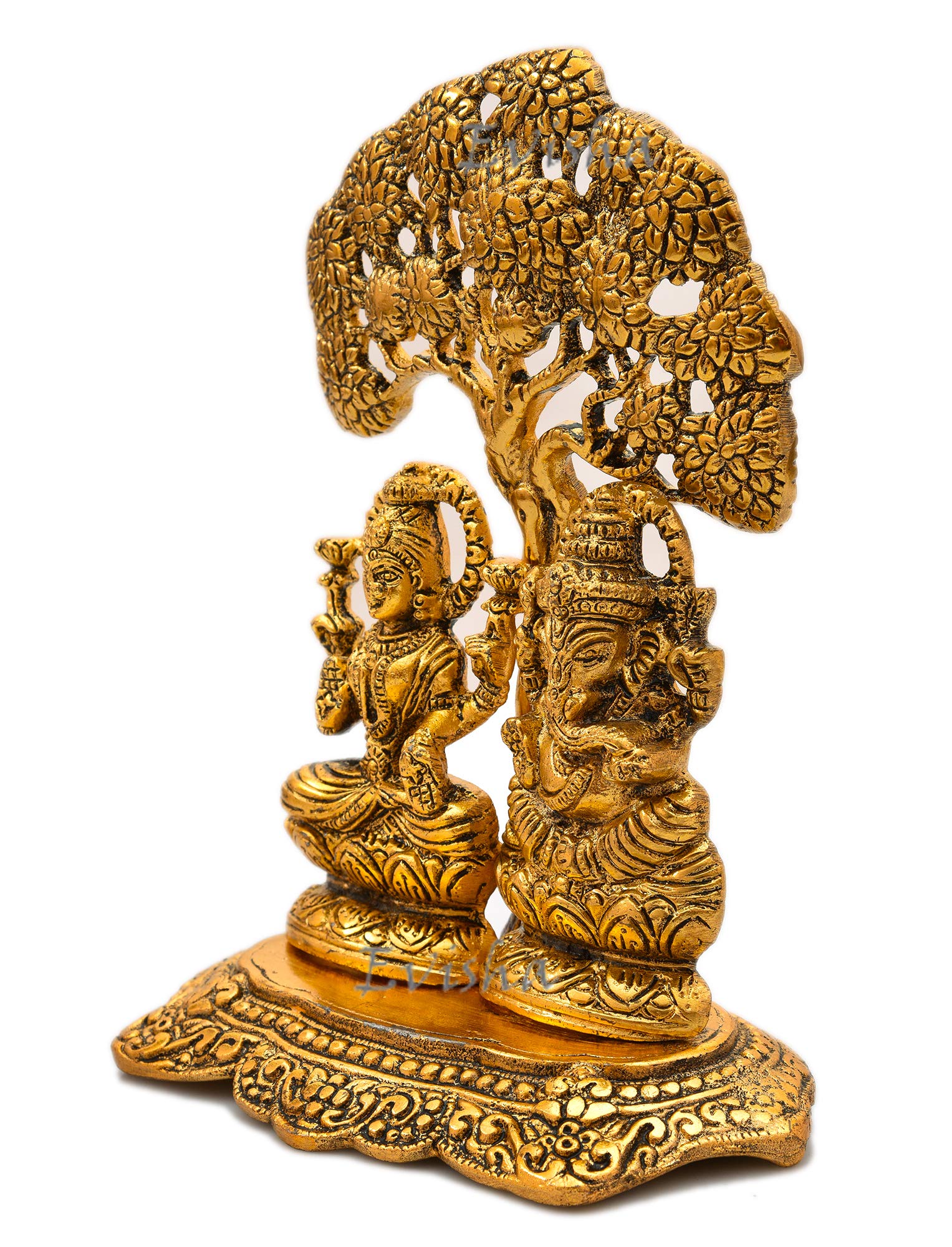 Evisha Lord Ganesh | Ganesha And Lakshmi | Laxmi Under Tree Golden Brass Statue Antique Finish Ganpati Lakshmi Indian Hindu Temp